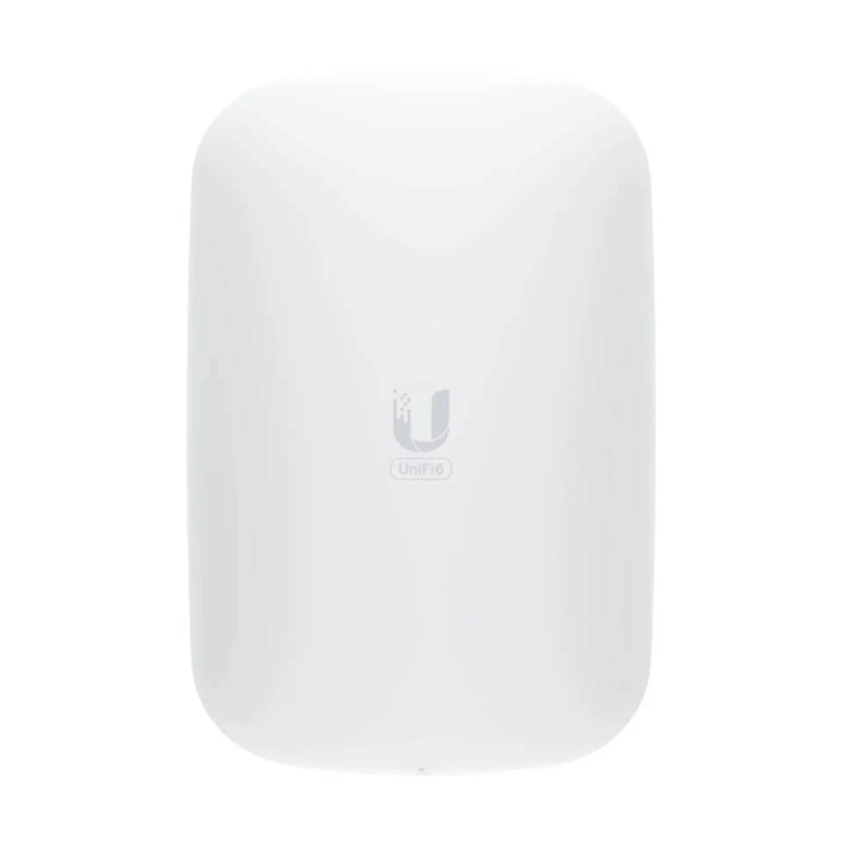 Białe prostokątne urządzenie z logo 'UniFi6'. Znajduje się na białym tle.