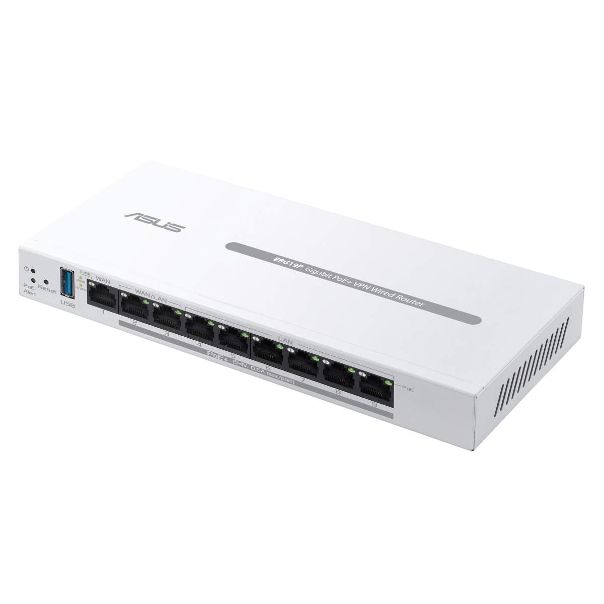 Router cablato ASUS EBG15P Gigabit PoE+ VPN bianco. Vista angolata.