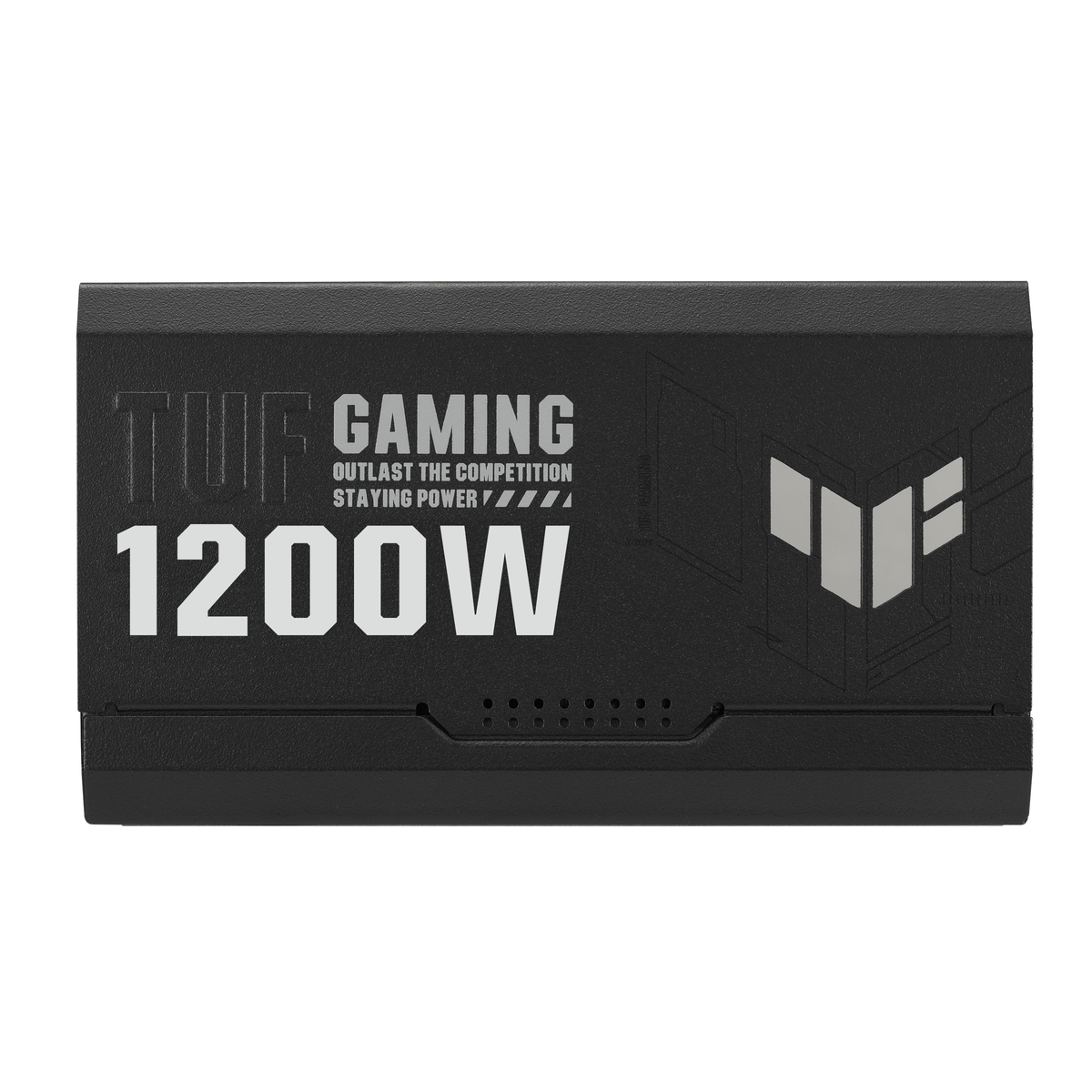 Czarny zasilacz komputerowy z nadrukowanymi słowami TUF GAMING i 1200W.