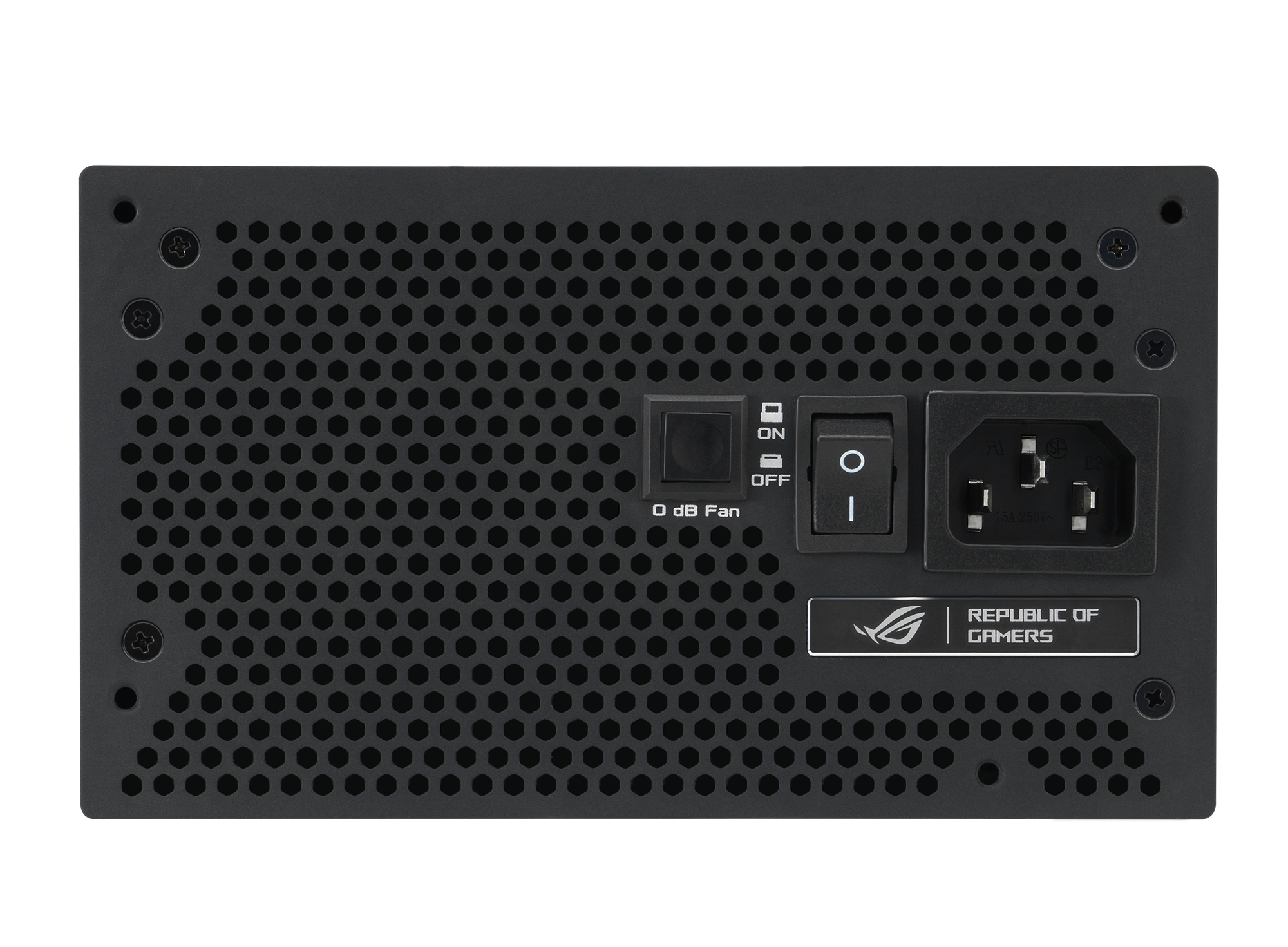 Tył czarnego zasilacza komputerowego z wentylatorem, przełącznikami i logo Republic of Gamers.