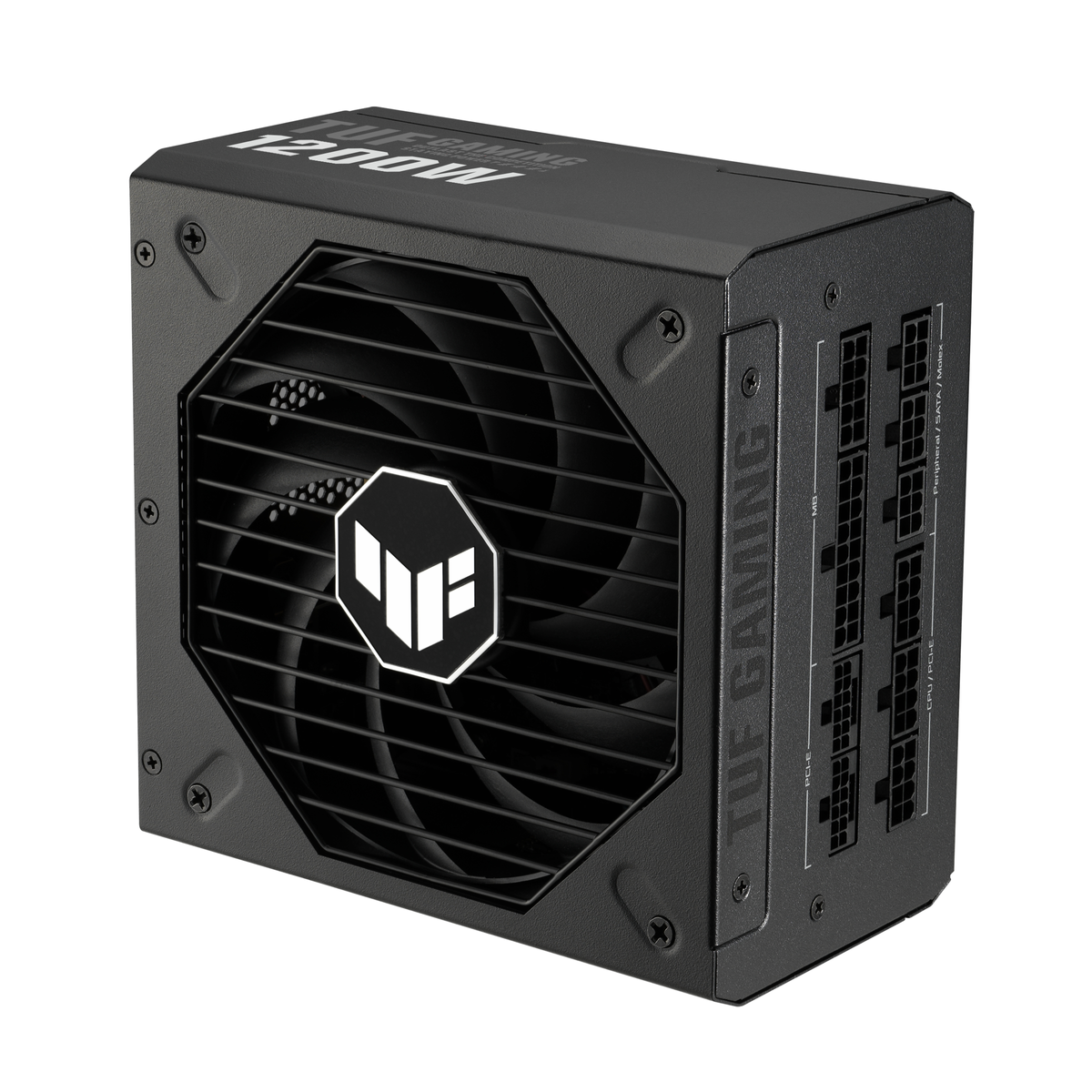 Czarny zasilacz TUF GAMING 1200W z wentylatorem, portami i logo TUF.