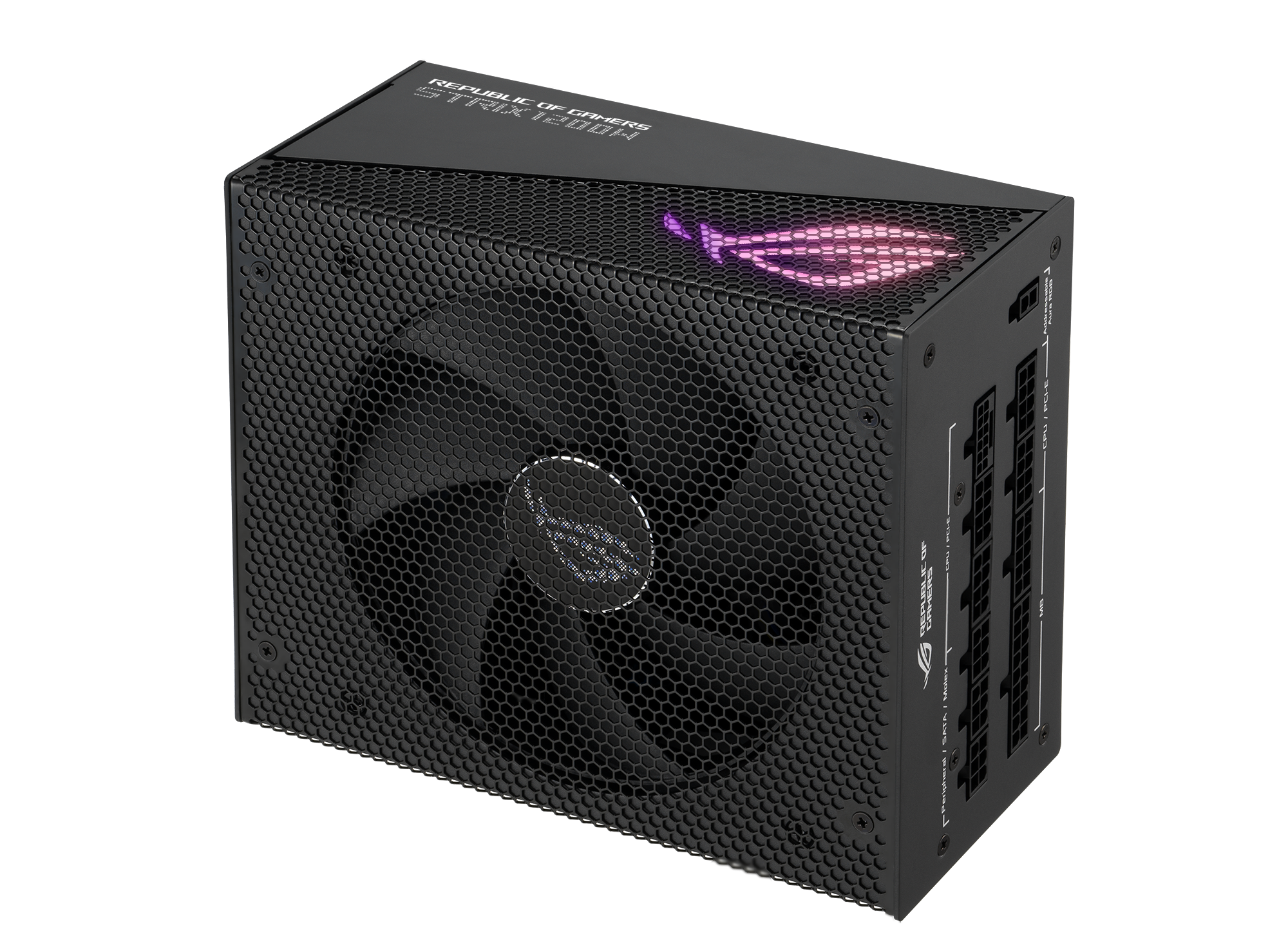 Voedingseenheid. Zwarte metalen behuizing met een ventilator en het ROG-logo. Schuine weergave.