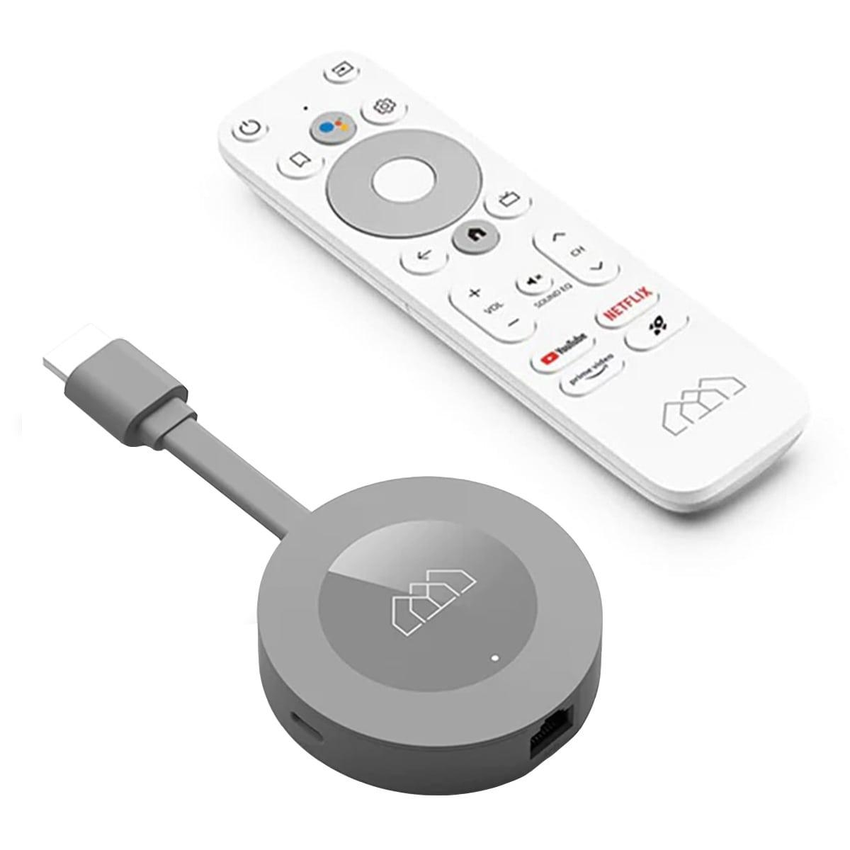 Graues Chromecast-ähnliches Gerät mit Fernbedienung, beide weiß mit Logo und USB-C-Kabel, vor weißem Hintergrund.
