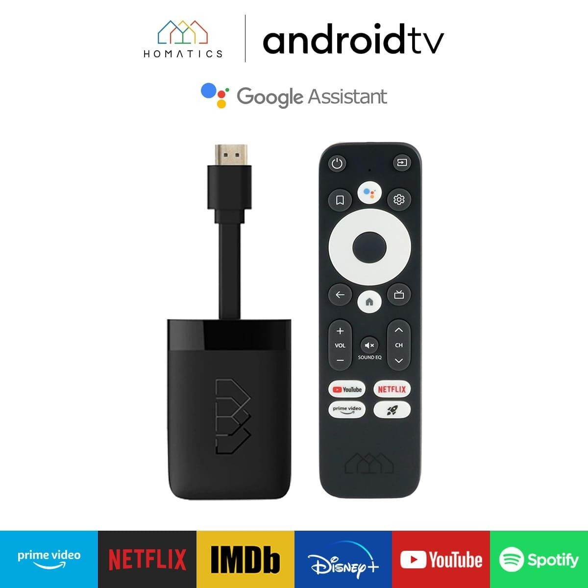 Ein schwarzes Android TV-Gerät, Fernbedienung und ein USB-Kabel. Apps wie Netflix und YouTube werden angezeigt.