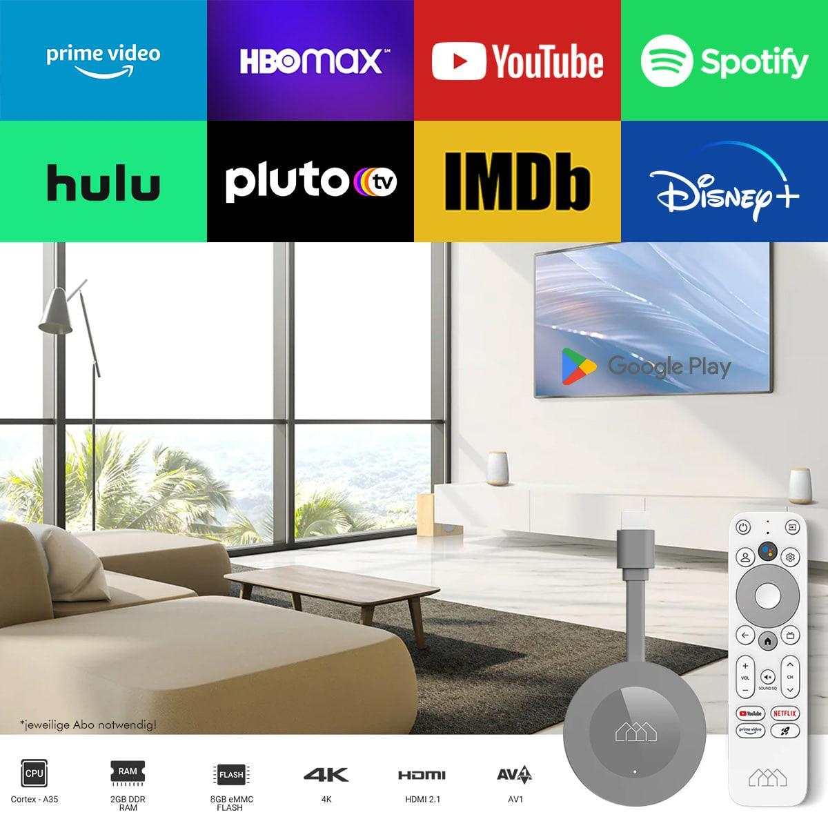 Ein Wohnzimmer mit Logos von Streaming-Diensten. Eine Fernbedienung und Chromecast liegen auf dem Boden.