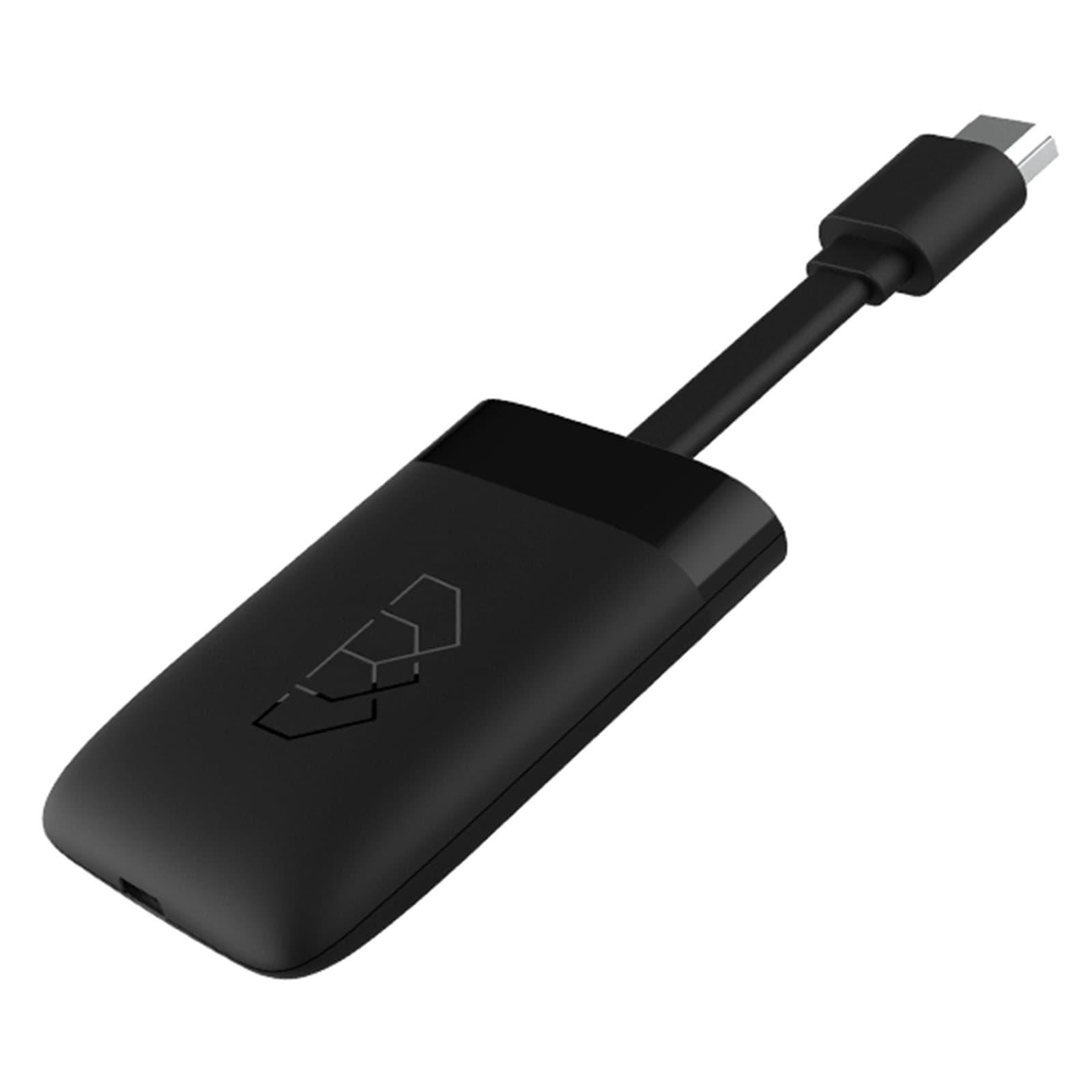 Ein schwarzer Adapter mit schwarzem Kabel und USB-C-Anschluss. Hat ein Logo auf der Oberfläche.