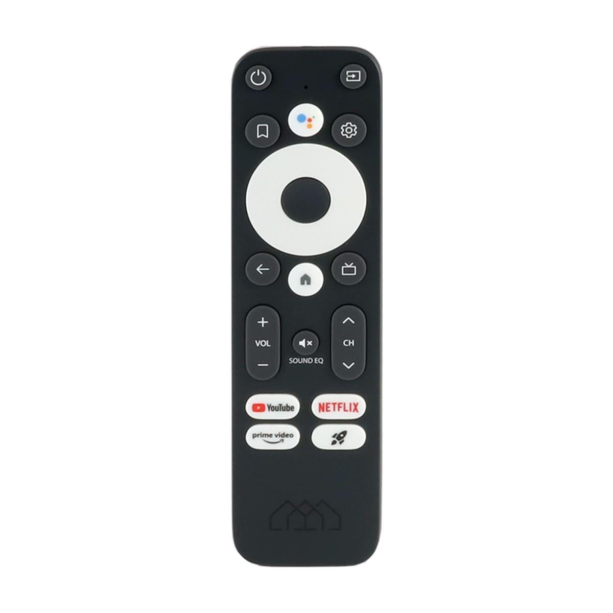 Eine schwarze TV-Fernbedienung mit Tasten, einschließlich Strom, Lautstärke, Kanal und Apps.