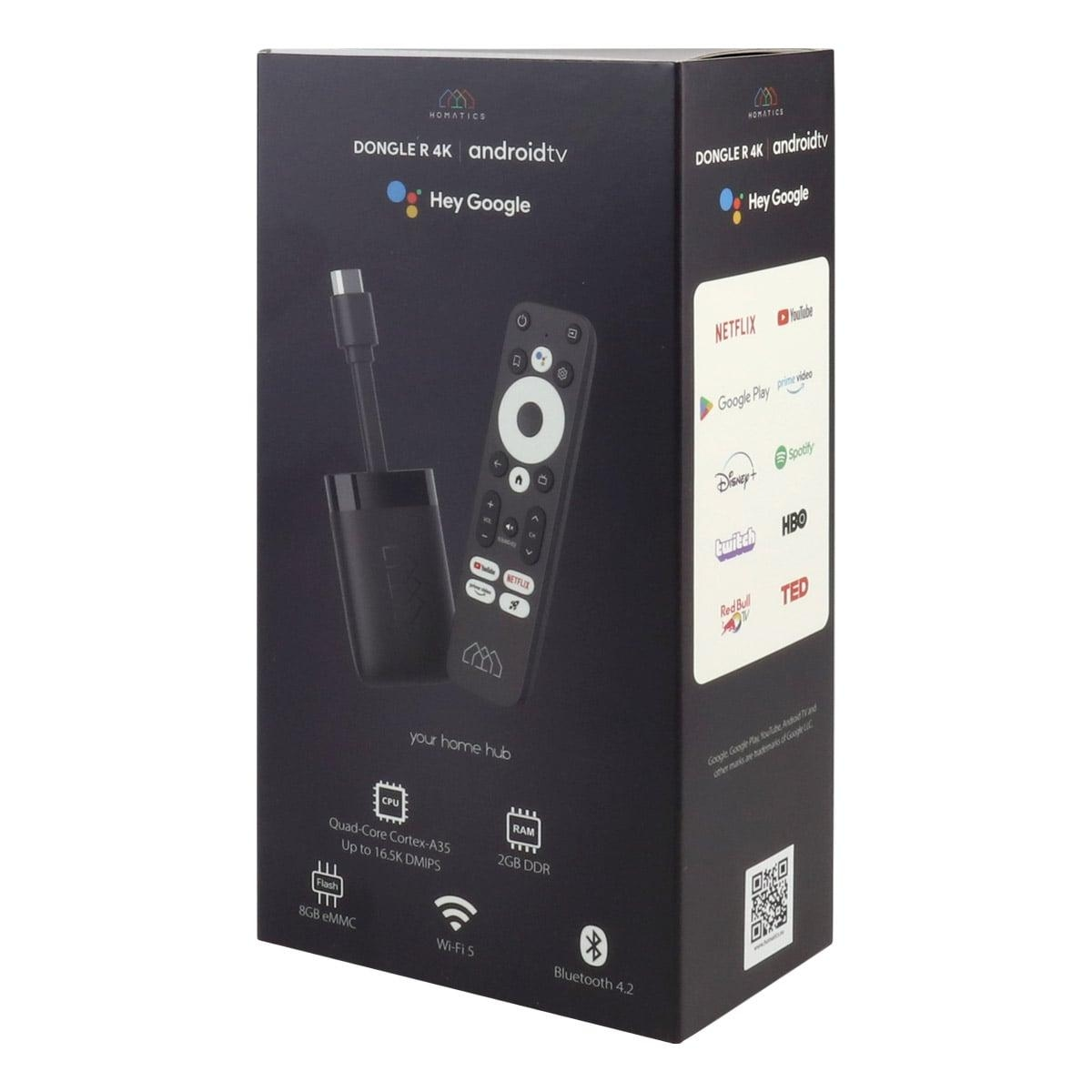 Eine schwarze Box mit Text und einer Fernbedienung. Sie hat Bilder von Apps und technische Daten auf der Seite.