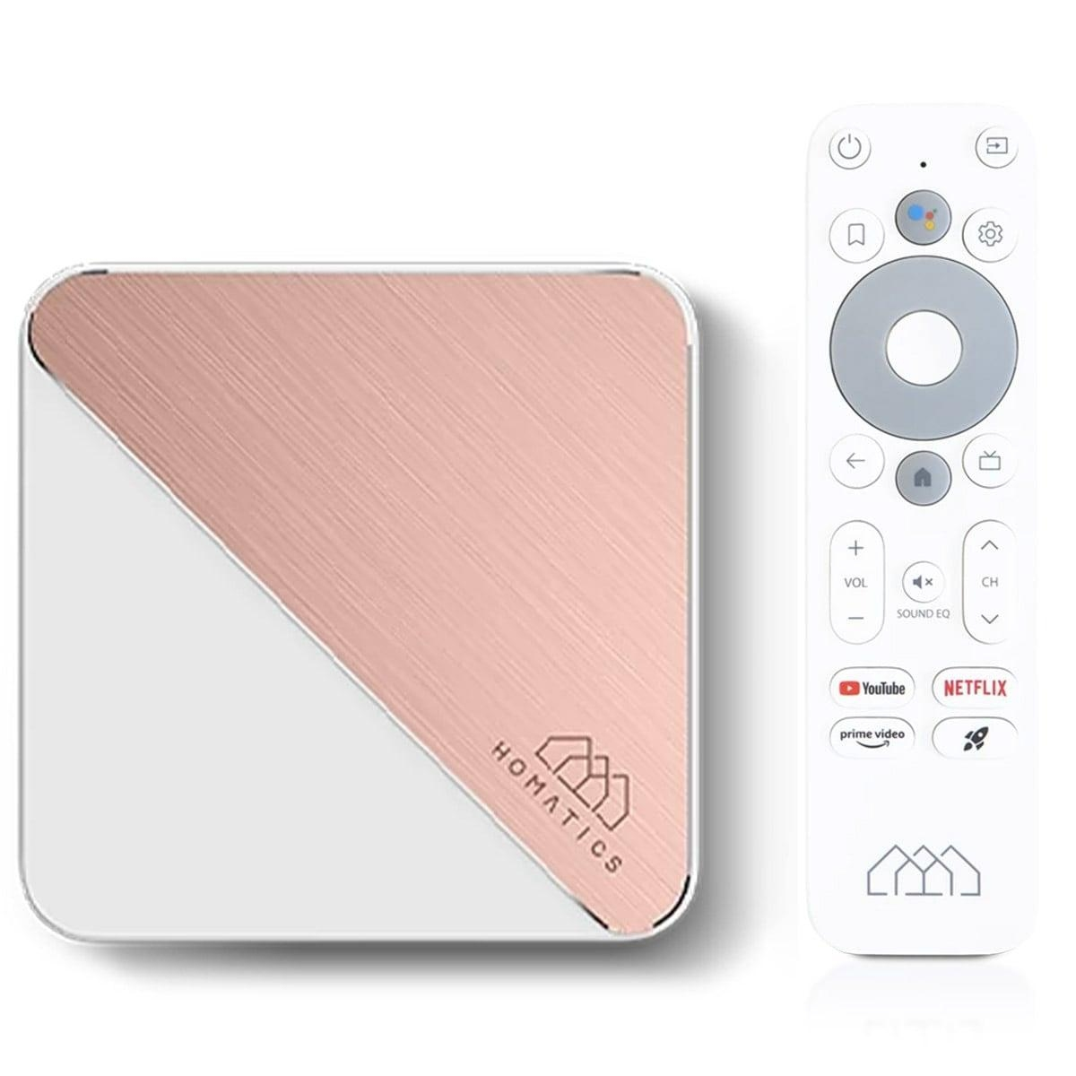 Weiße Homatics Streaming-Box mit roségoldfarbenem Panel und weißer Fernbedienung.