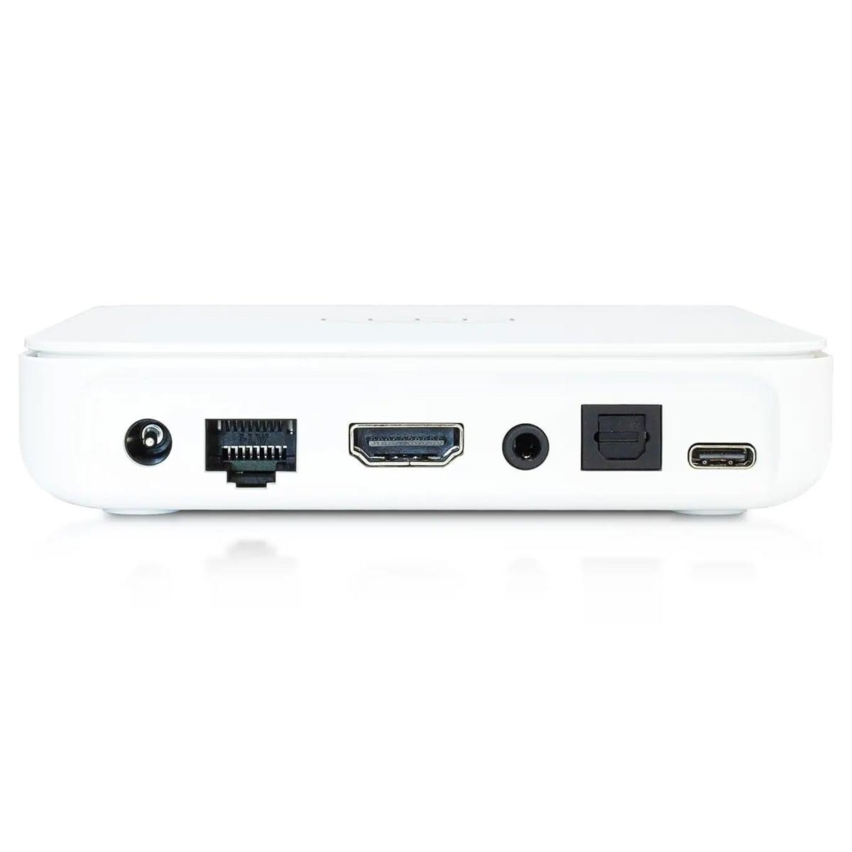 Weißer Mediaplayer mit Anschlüssen, einschließlich HDMI und Ethernet.