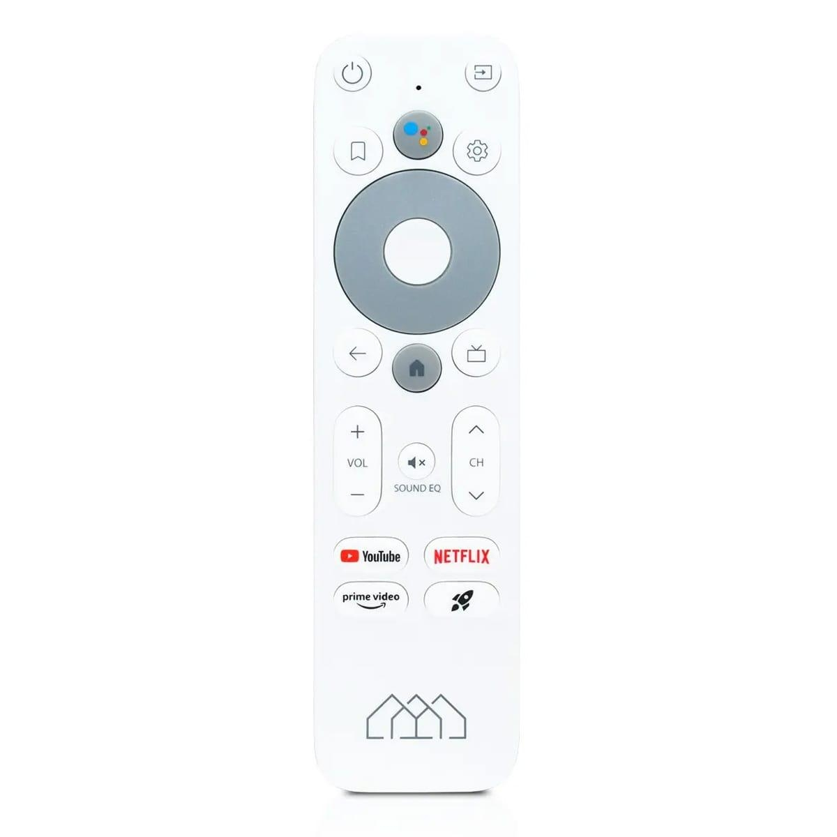Weiße TV-Fernbedienung mit verschiedenen Tasten und Symbolen. Der Boden hat ein Logo.