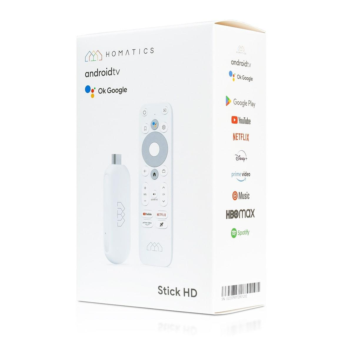 Weiße Box mit Android TV, dem Logo von Homatics und der Fernbedienung.