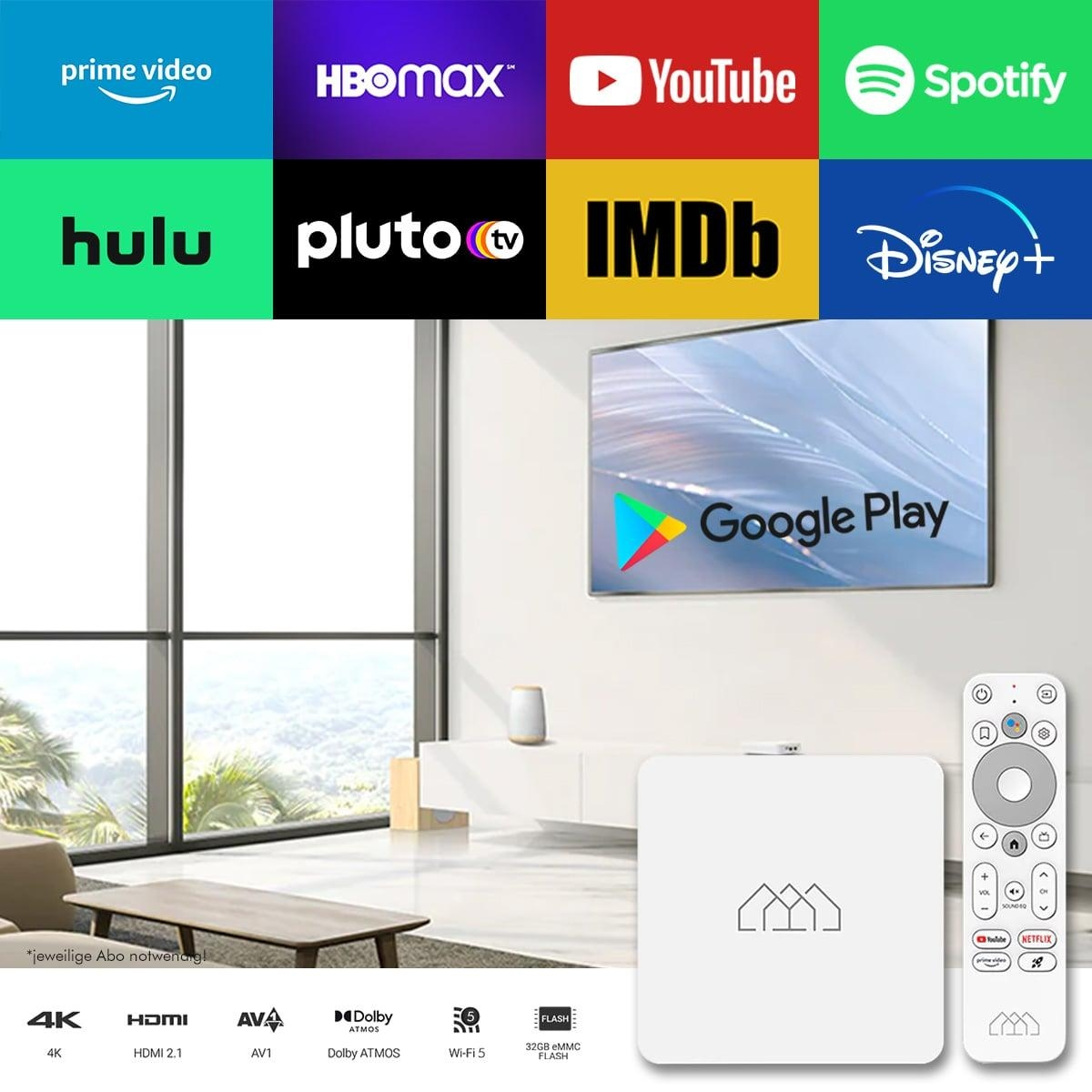 Smart Home Hub mit Streaming-Dienst Logos auf TV-Bildschirm und Fernbedienung.