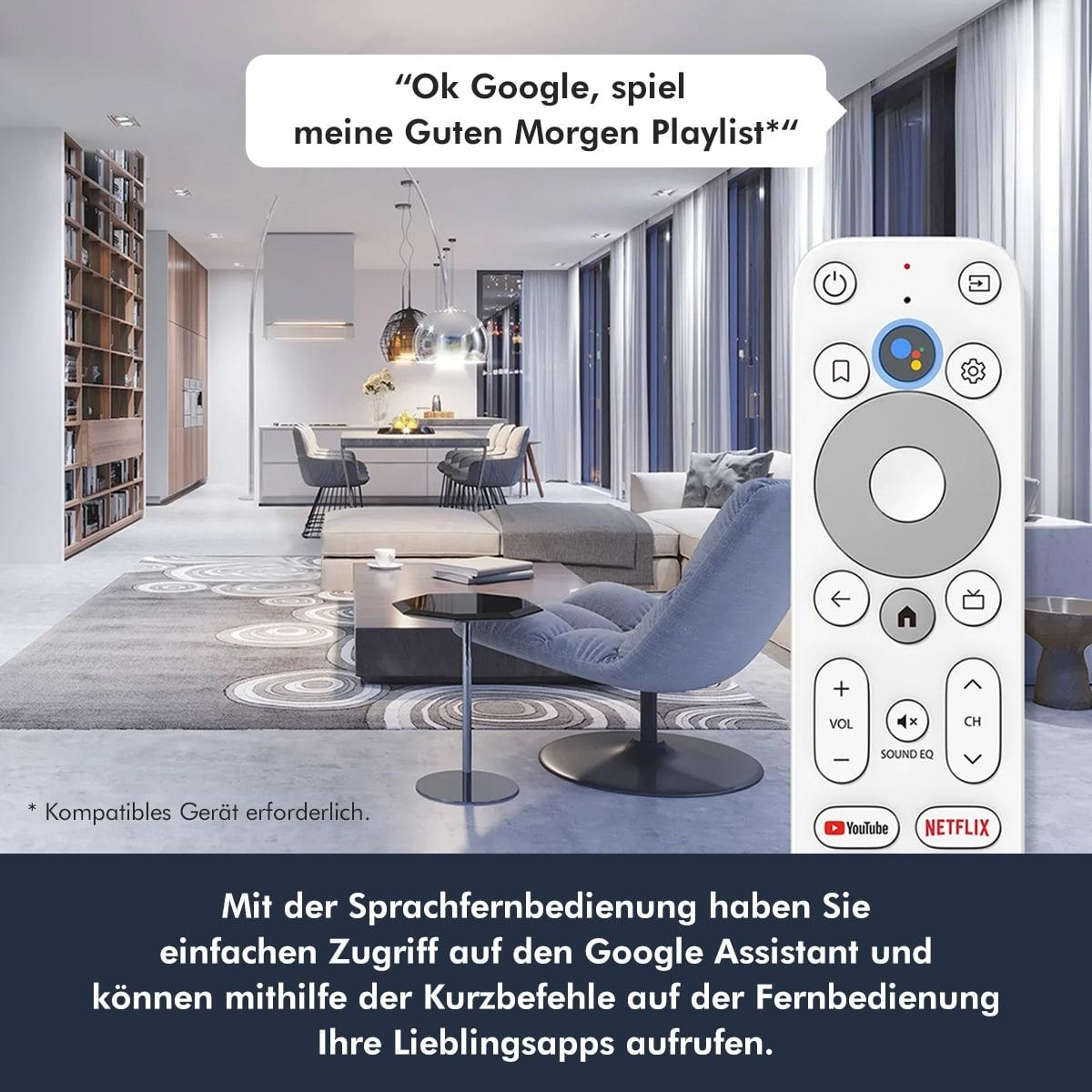 Weiße Fernbedienung mit Google Assistant-Aktivierung. Im Hintergrund ein Wohnzimmer.