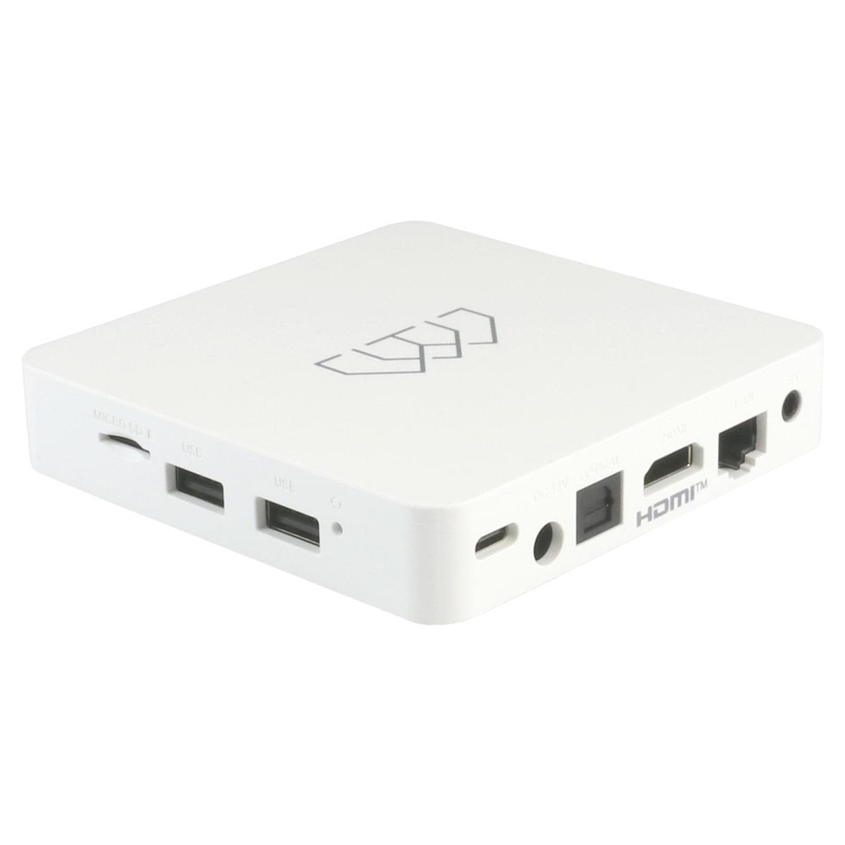 Ein weißes quadratisches Gerät mit mehreren Anschlüssen und einem Logo. Text: HDMI.