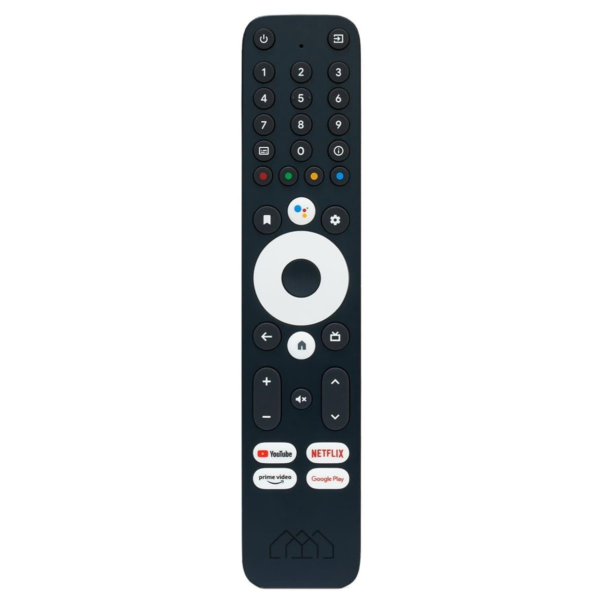 Eine schwarze Fernbedienung mit Tasten für Strom, Zahlen und Apps wie YouTube und Netflix.