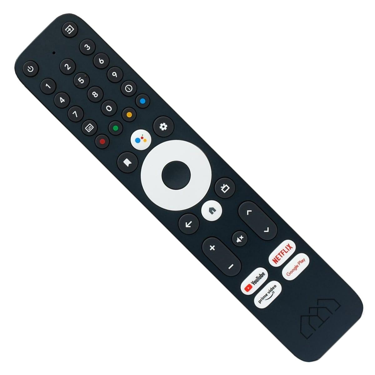 Eine schwarze Fernbedienung mit Knöpfen, einschließlich Netflix- und YouTube-Symbolen.