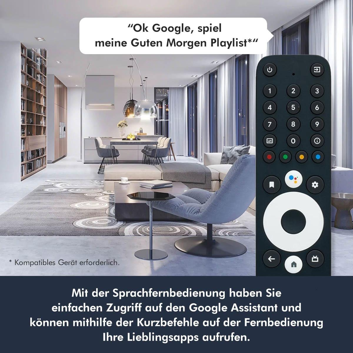 Eine Fernbedienung mit Knöpfen und Text über Google Assistant, mit einem modernen Zuhause im Hintergrund.
