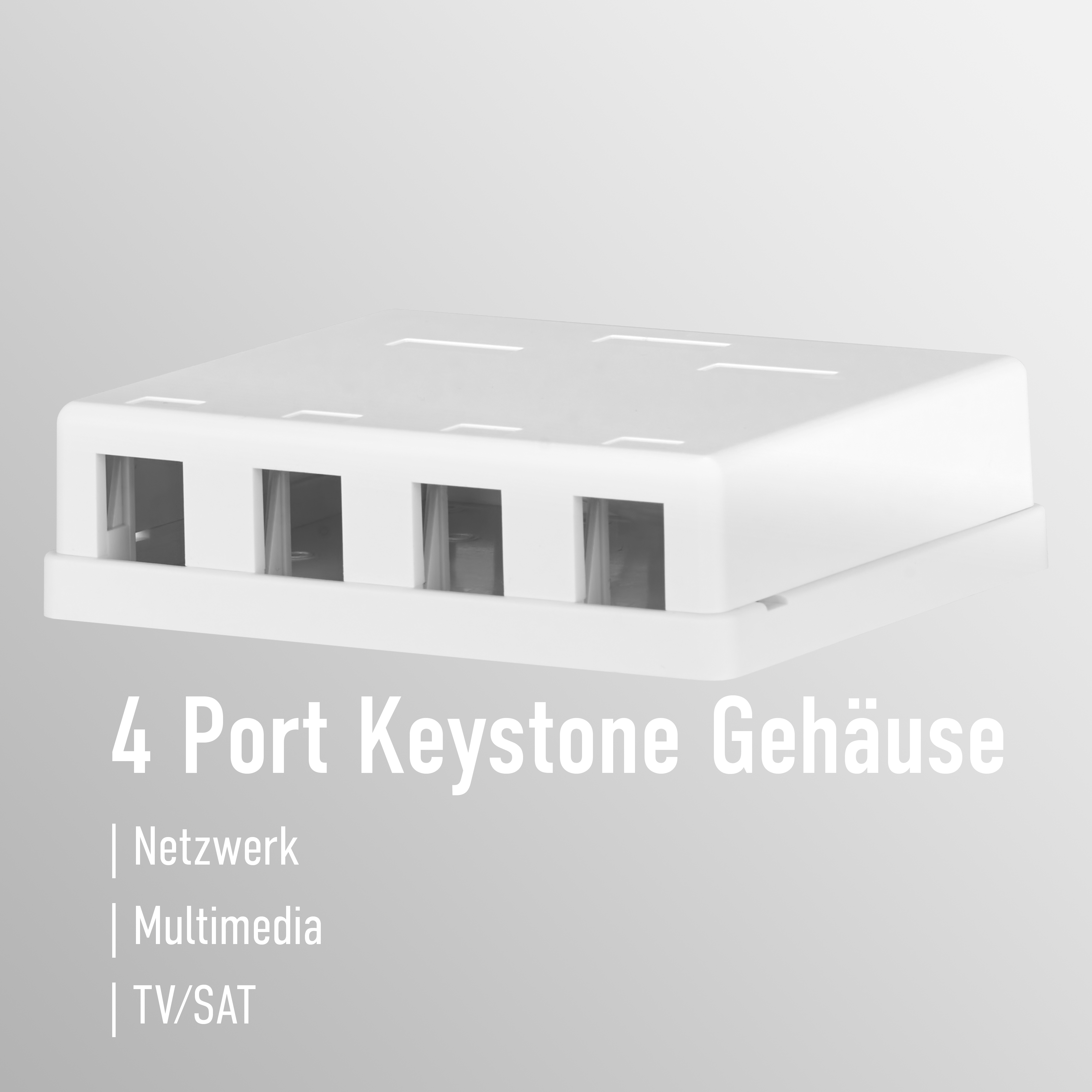 Ein weißes 4-Port-Keystone-Gehäuse. Der Text lautet: 4 Port Keystone Gehäuse. Netzwerk, Multimedia, TV/SAT.