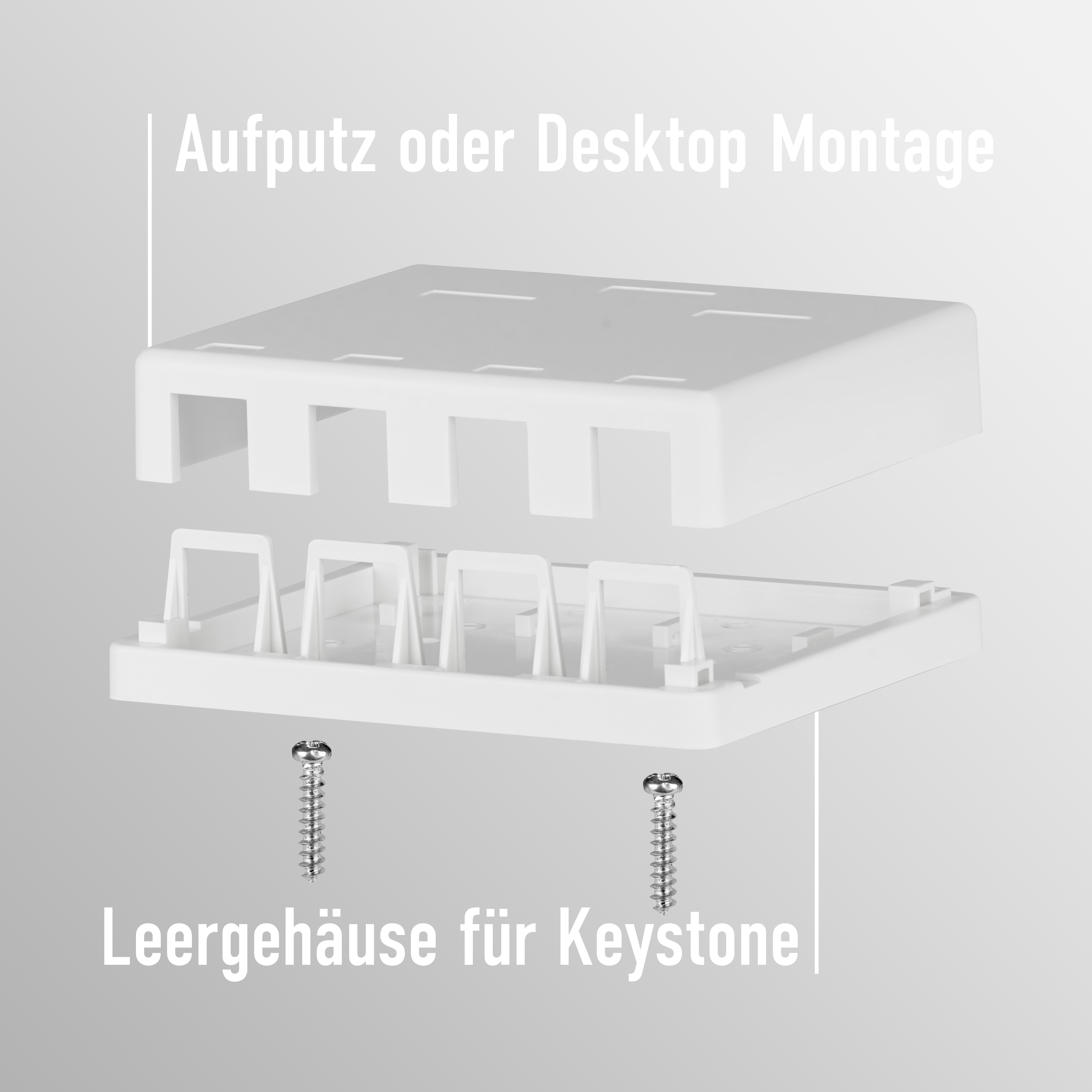 Weiße Keystone-Box mit Deckel und Schrauben. Text: Aufputz oder Desktop Montage, Leergehäuse für Keystone.