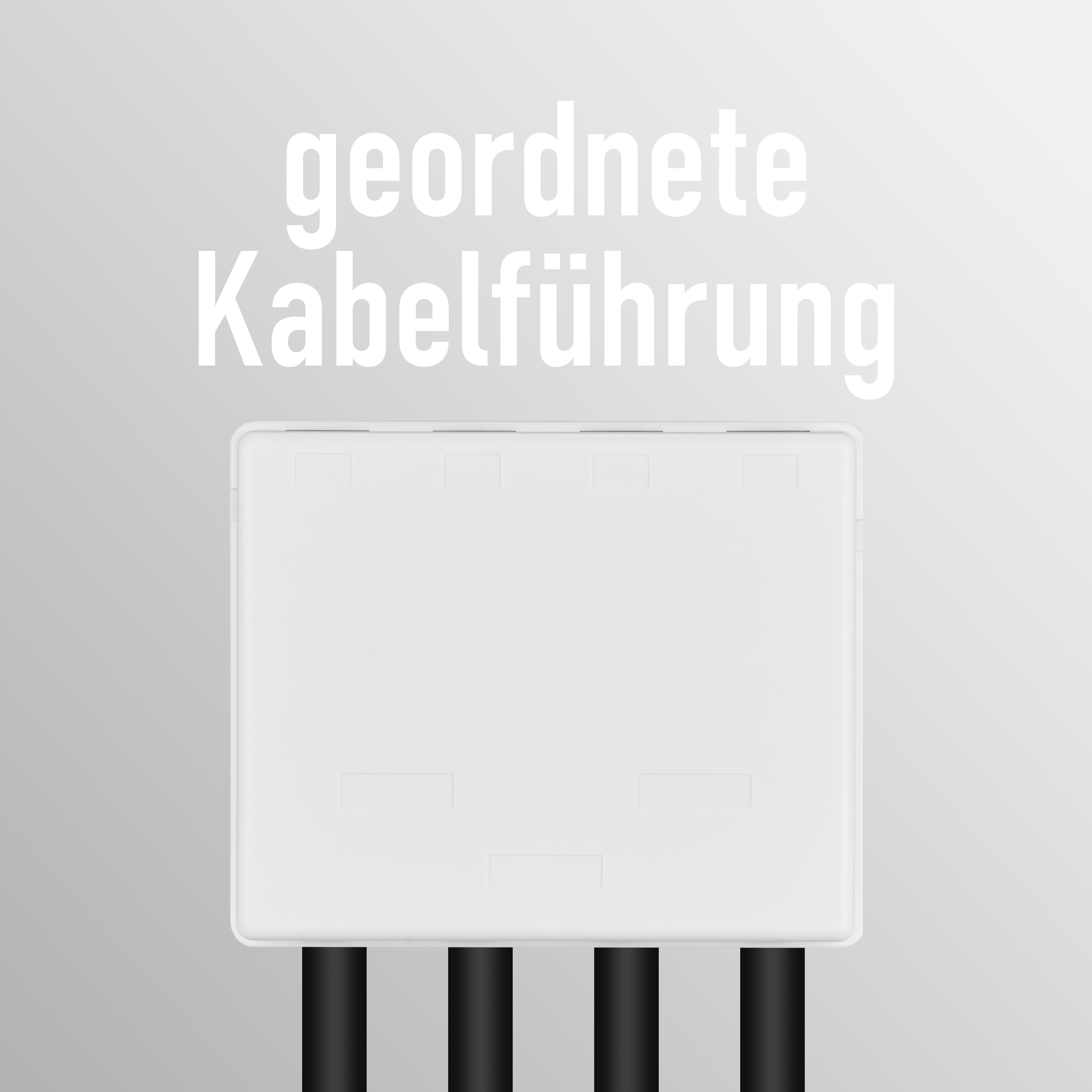 Weiße Box mit schwarzen Kabeln, die unten herauskommen, der Text oben lautet 'geordnete Kabelführung'.