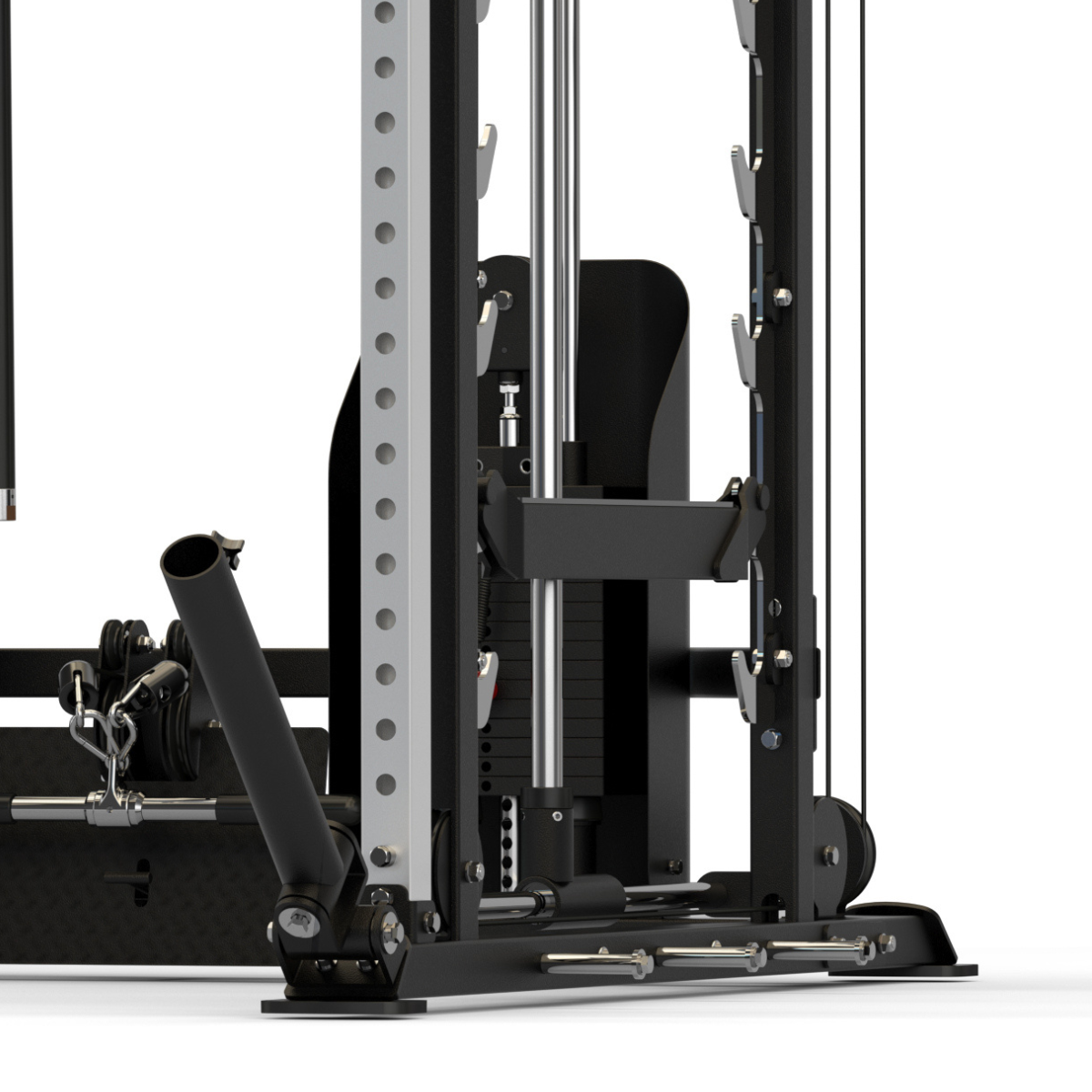 Fitnessapparatuur met gewichten, zwart en zilver, op een witte achtergrond.