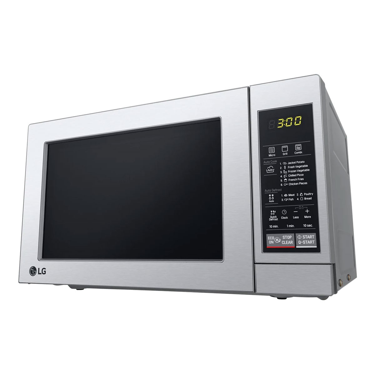 Microonde LG argento con display digitale e pulsanti.