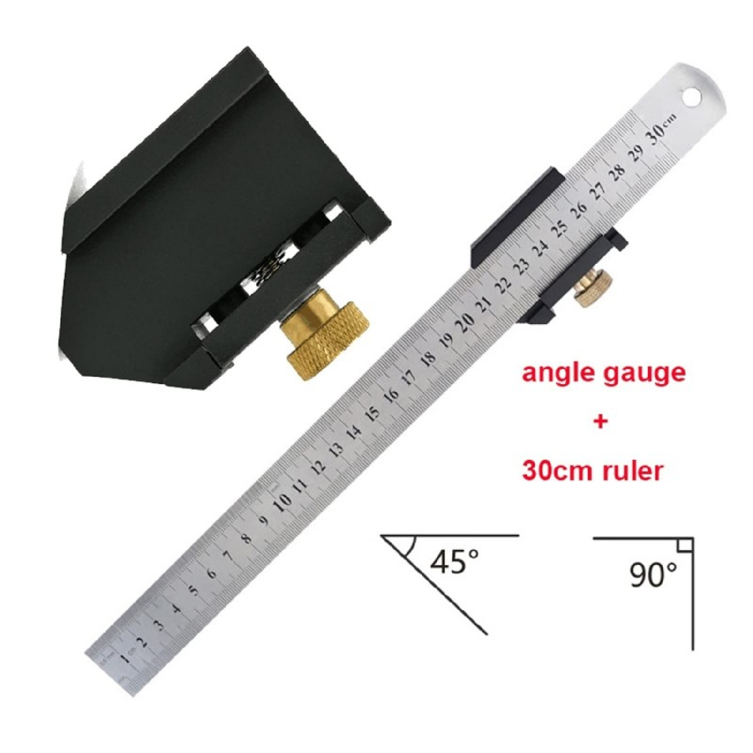 Goniometro con un righello con numeri e angoli su sfondo bianco.