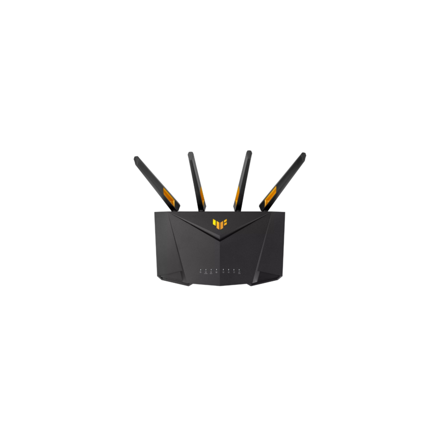 Czarny router z czterema antenami, z logo ASUS TUF, na białym tle.