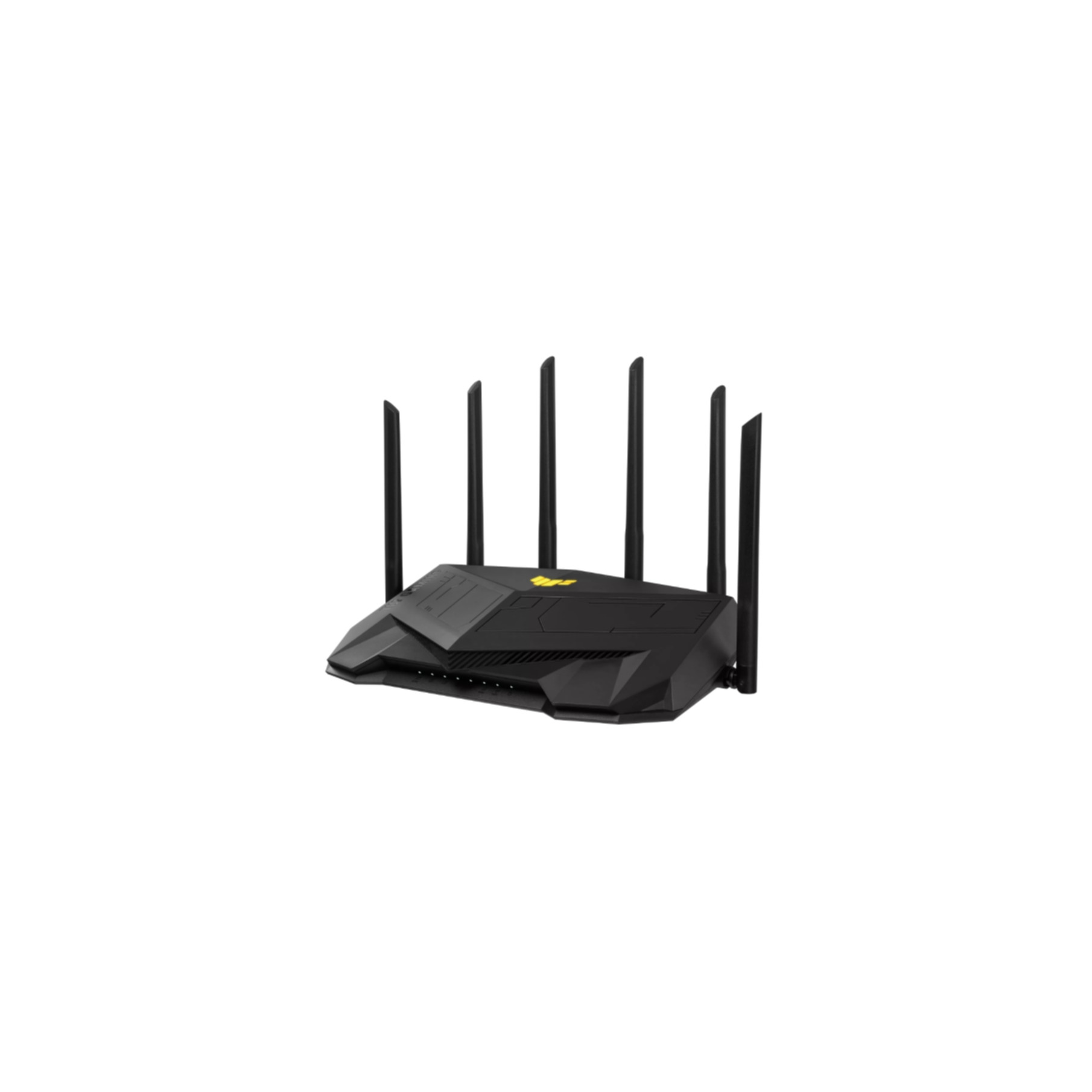 Router negro con 6 antenas. Acentos amarillos. Fondo blanco.