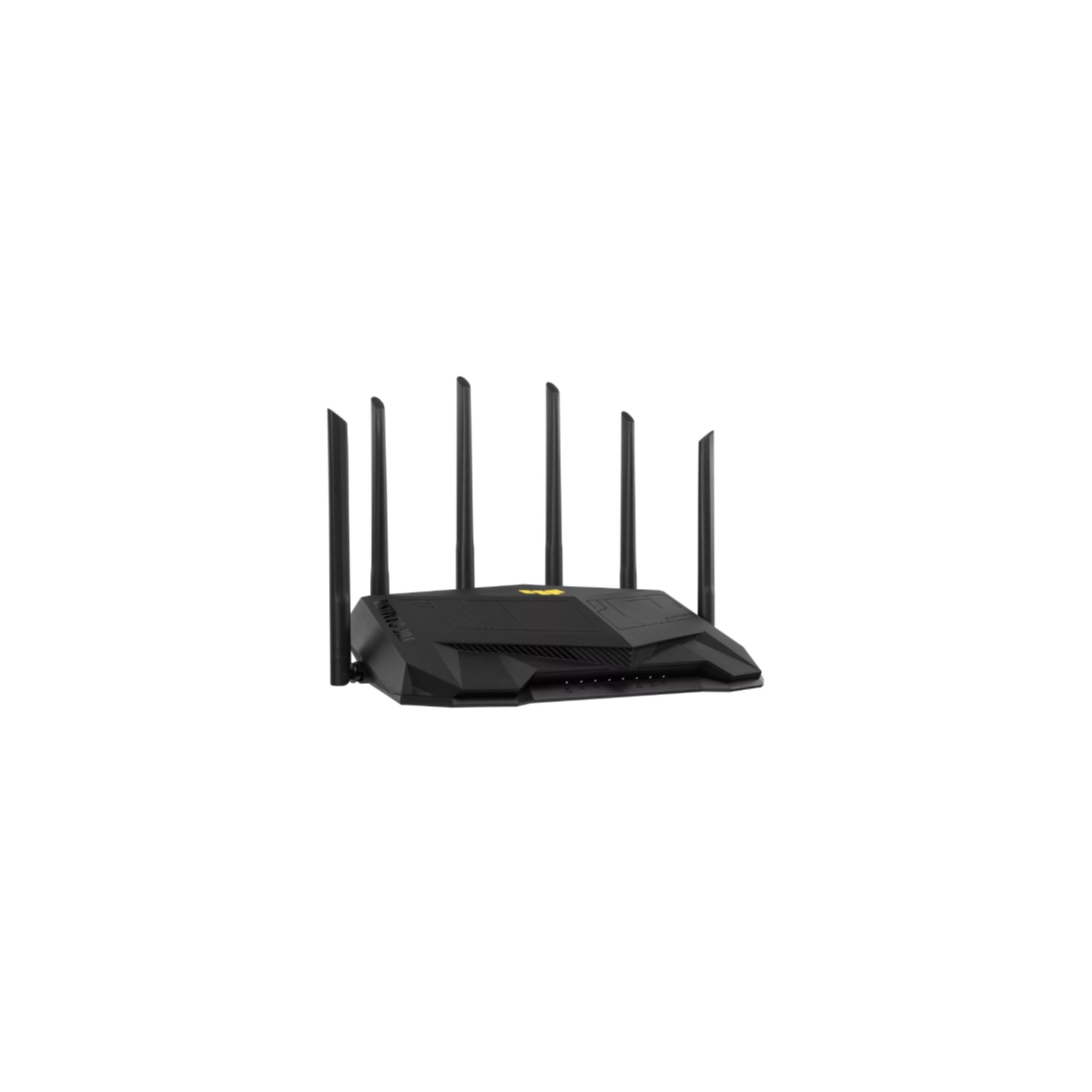 Enrutador negro con seis antenas. El enrutador está en una superficie blanca. El enrutador tiene una raya amarilla.