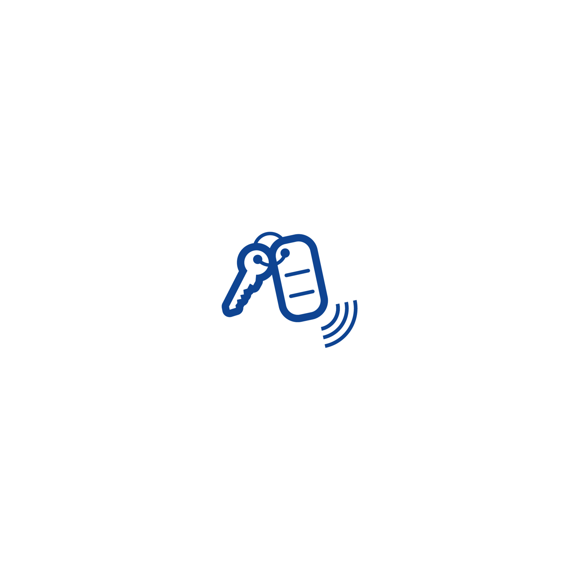 Blue key icon with a key fob and radio wave symbol, on a white background.