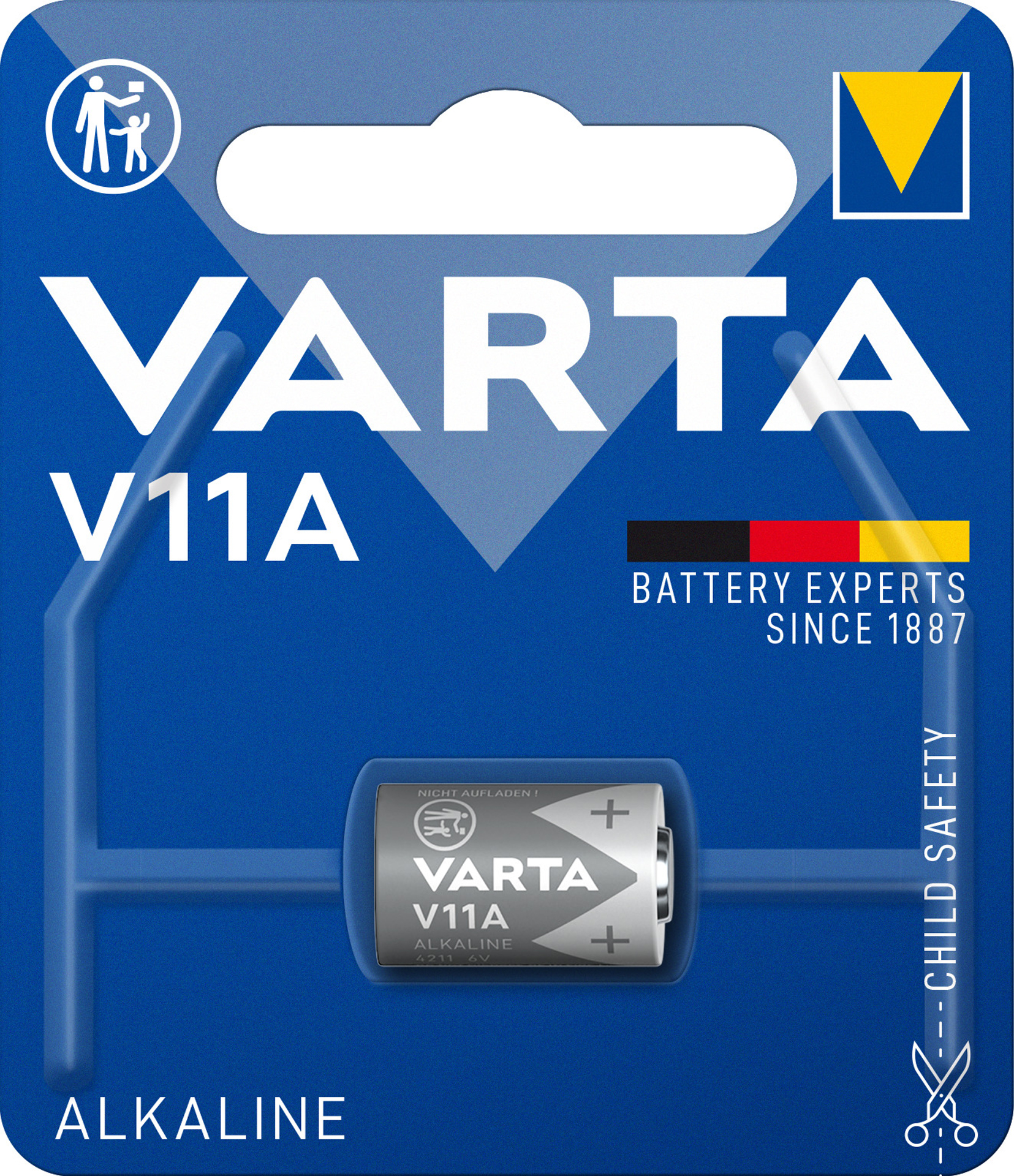Een Varta V11A batterijverpakking. Het is een blauwe verpakking met een batterij erin.