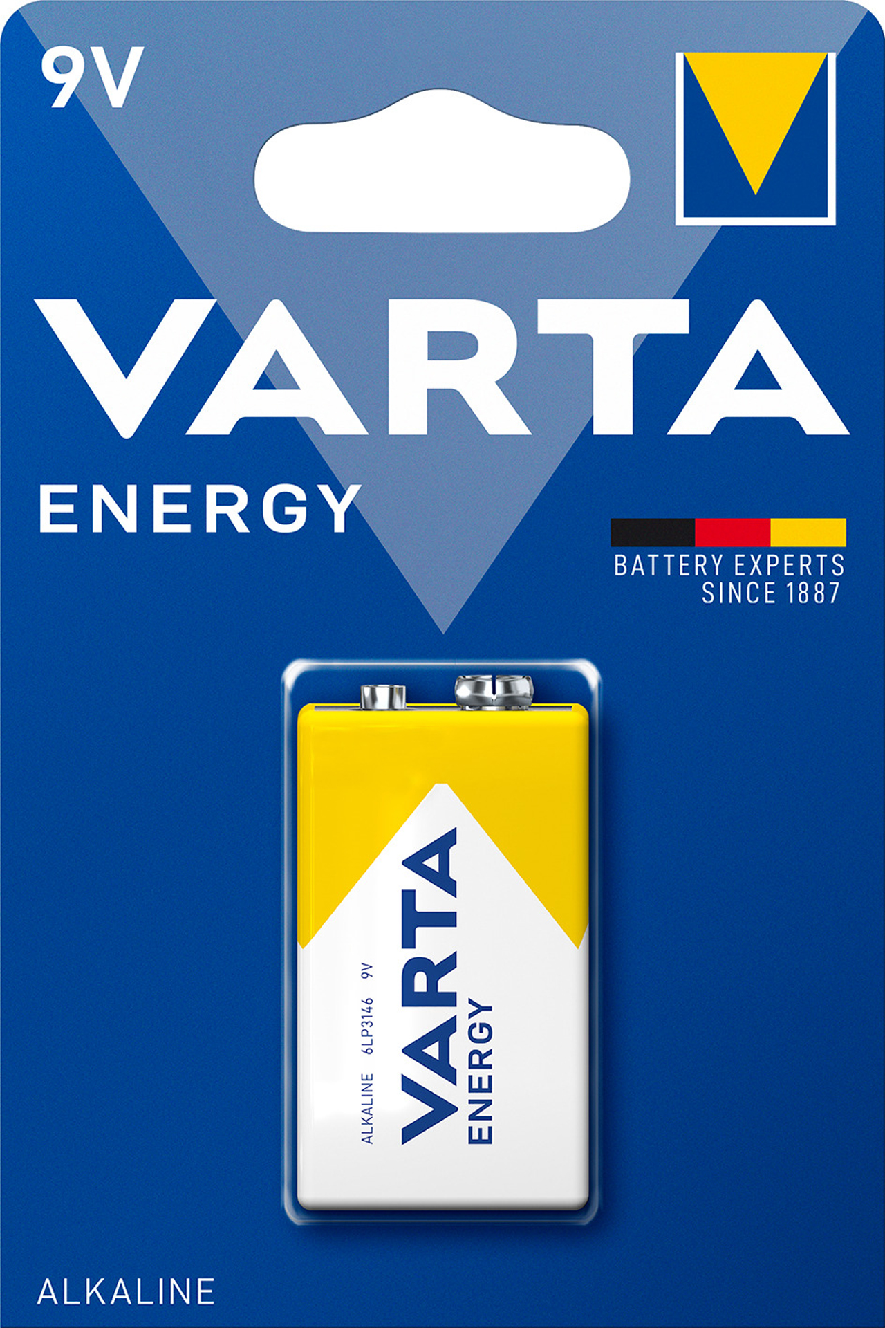 Paquete de batería Varta 9V. Colores azul y amarillo. Texto 'VARTA ENERGY' visible.