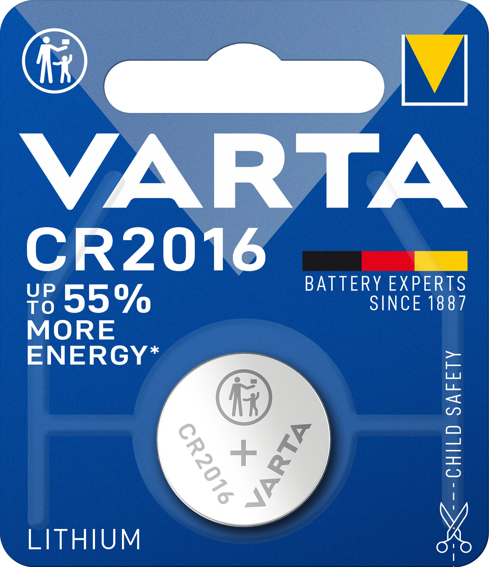 Blue and white VARTA CR2016 battery package. Text: CR2016, Up to 55% More Energy, Battery Experts Since 1887.