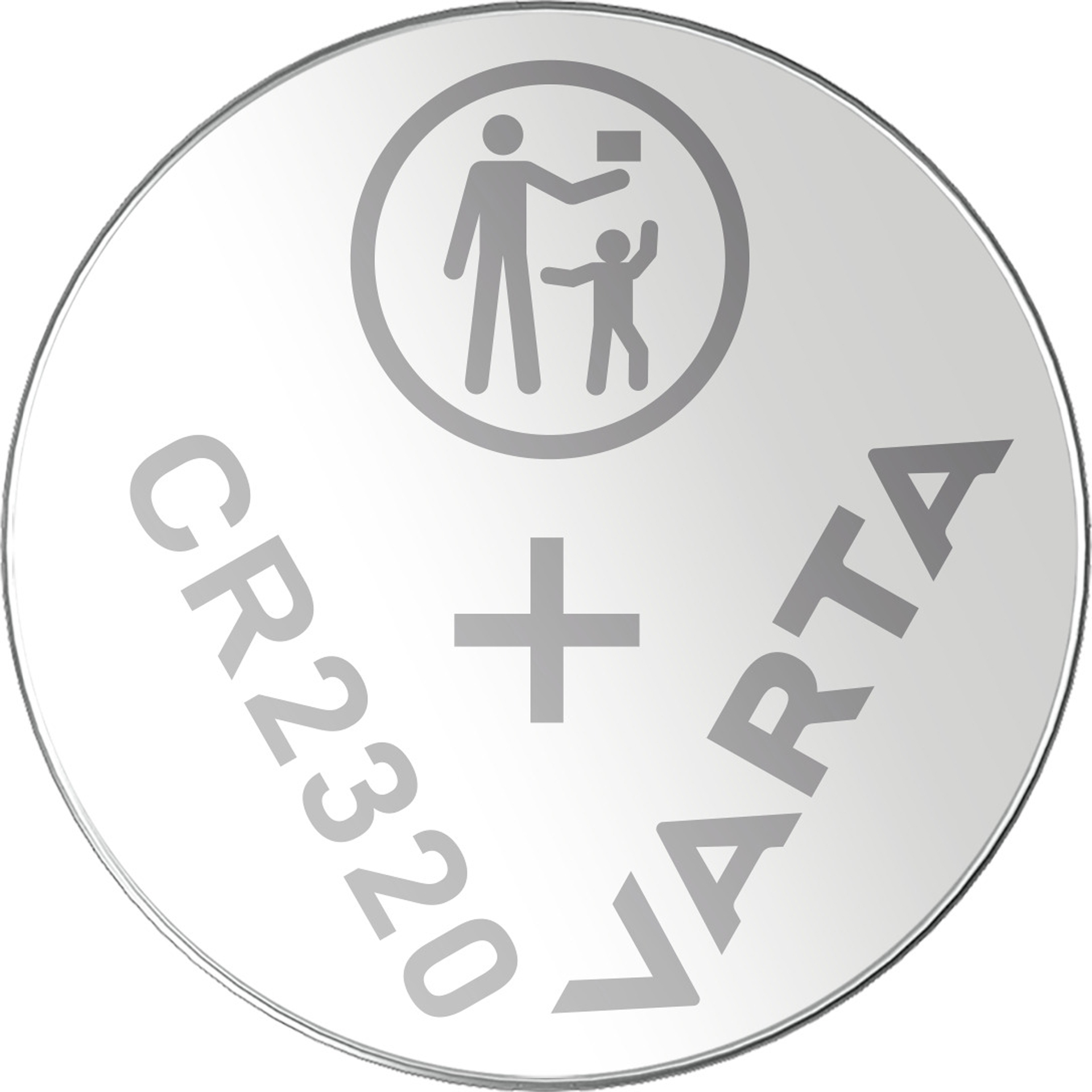 A silver Varta CR2320 battery, round with text and a safety symbol.