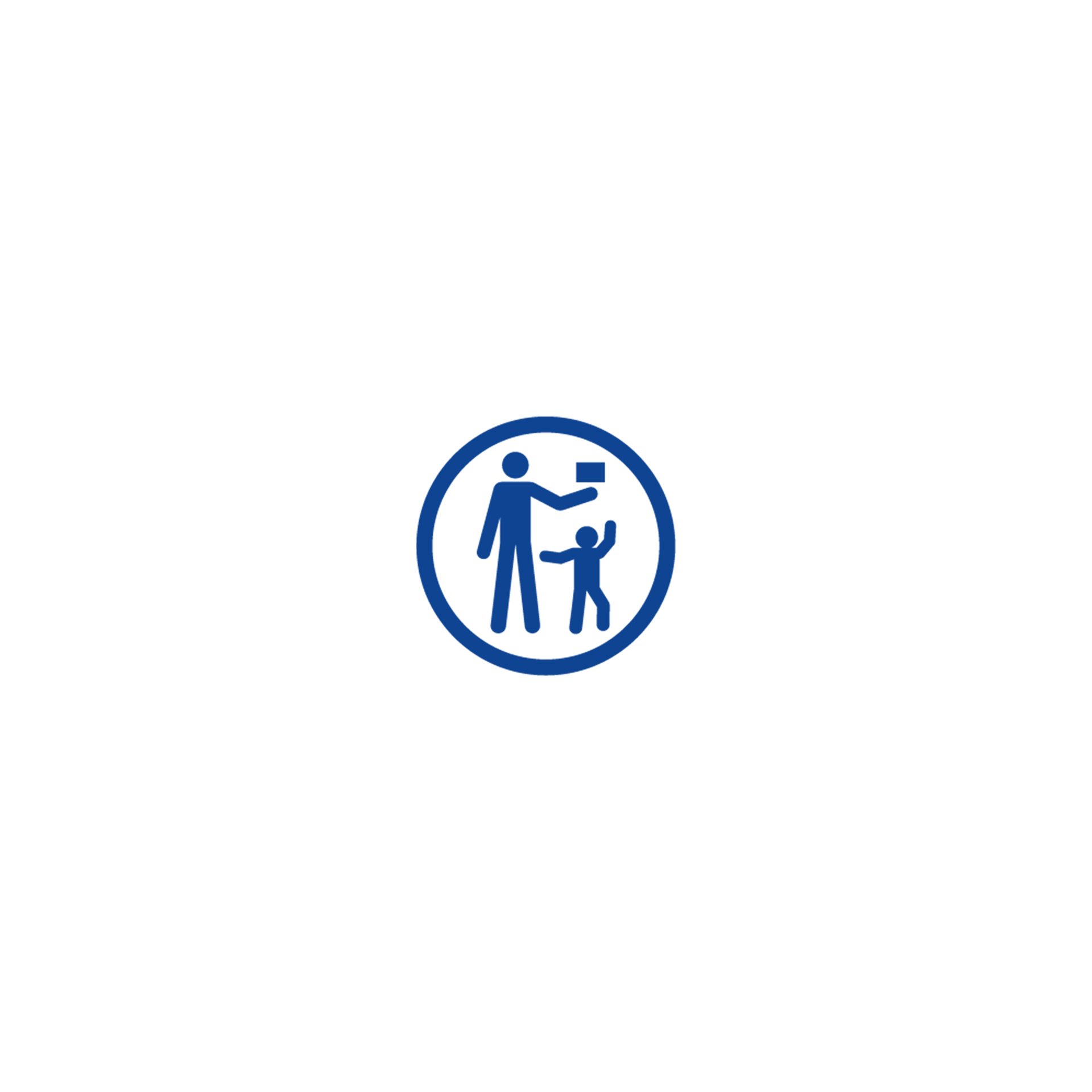 Blue sign with a man and a child. The sign is in a circle on a white background.