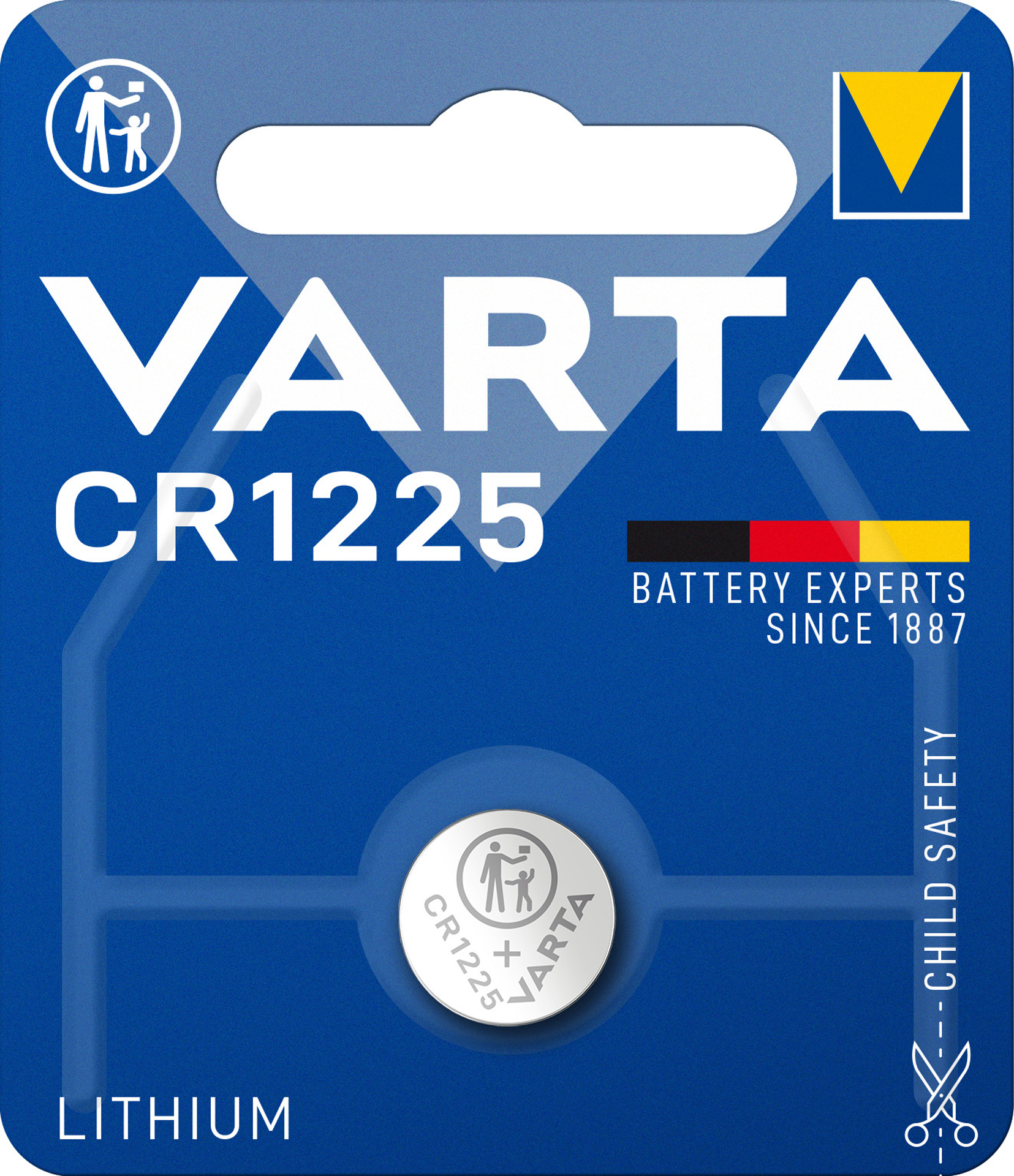 Eine Varta CR1225 Lithium-Batterieverpackung in Blau und Weiß mit Sicherheits- und Kindersymbolen.
