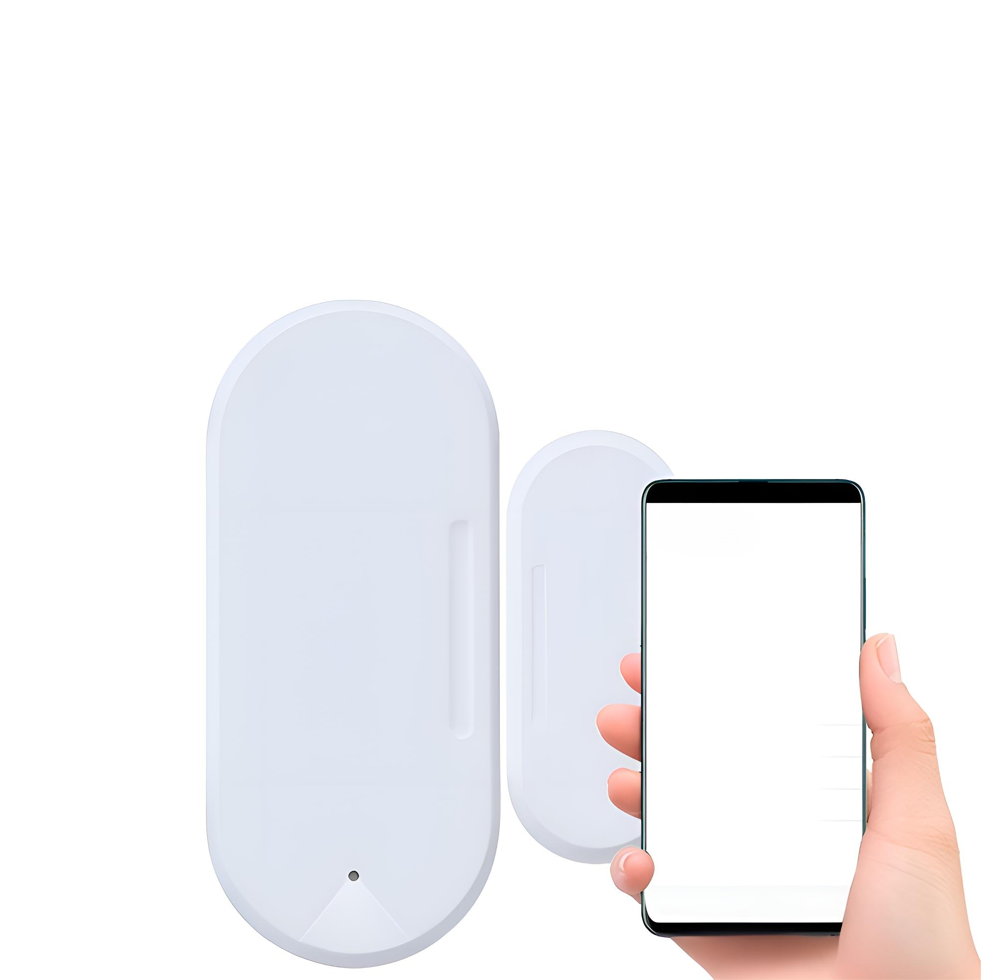 Eine Hand, die ein Telefon in der Nähe eines weißen Türsensors hält.