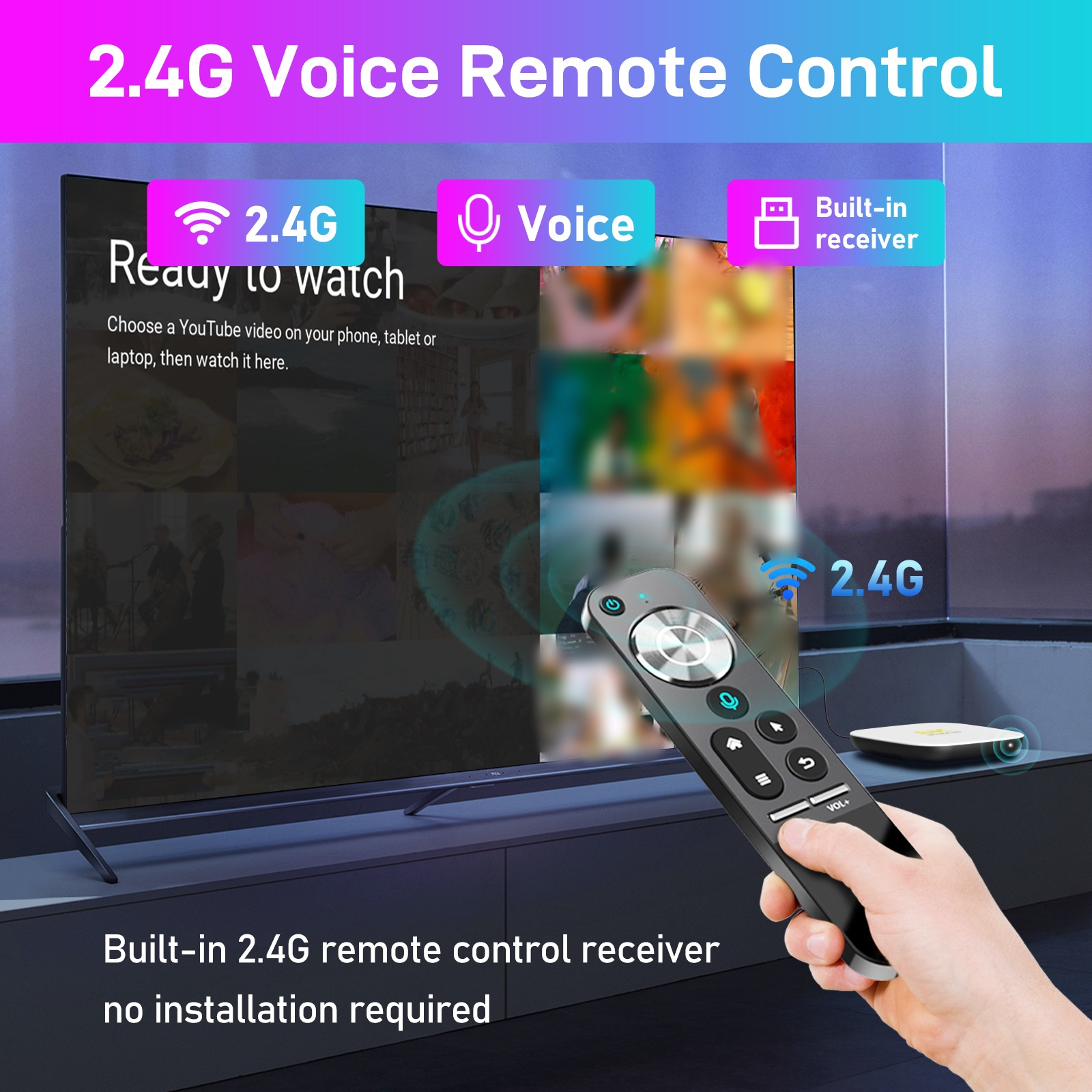 Eine Hand hält eine Fernbedienung vor einem Fernsehbildschirm und zeigt eine 2,4G-Verbindung.
