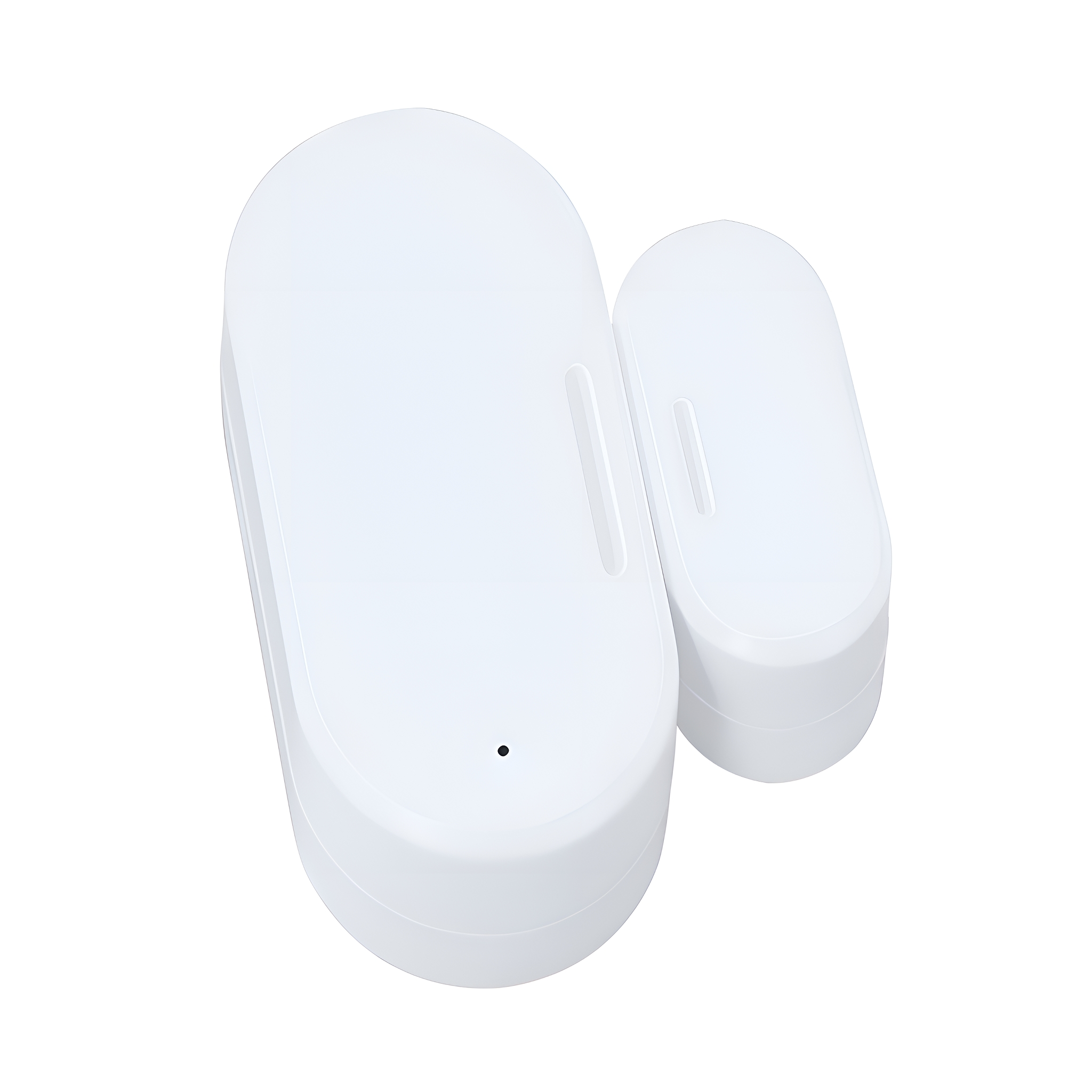 Zwei weiße, ovale Geräte, möglicherweise Smart-Home-Sensoren.