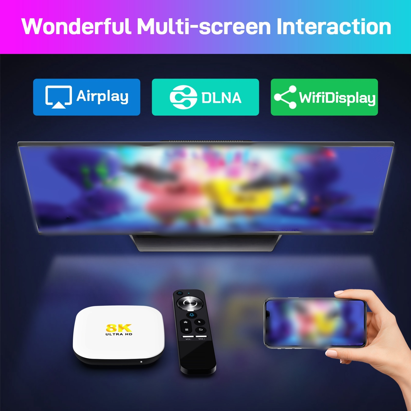 Multi-Screen-Setup mit Smart-TV, Streaming-Gerät, Fernbedienung und Smartphone.
