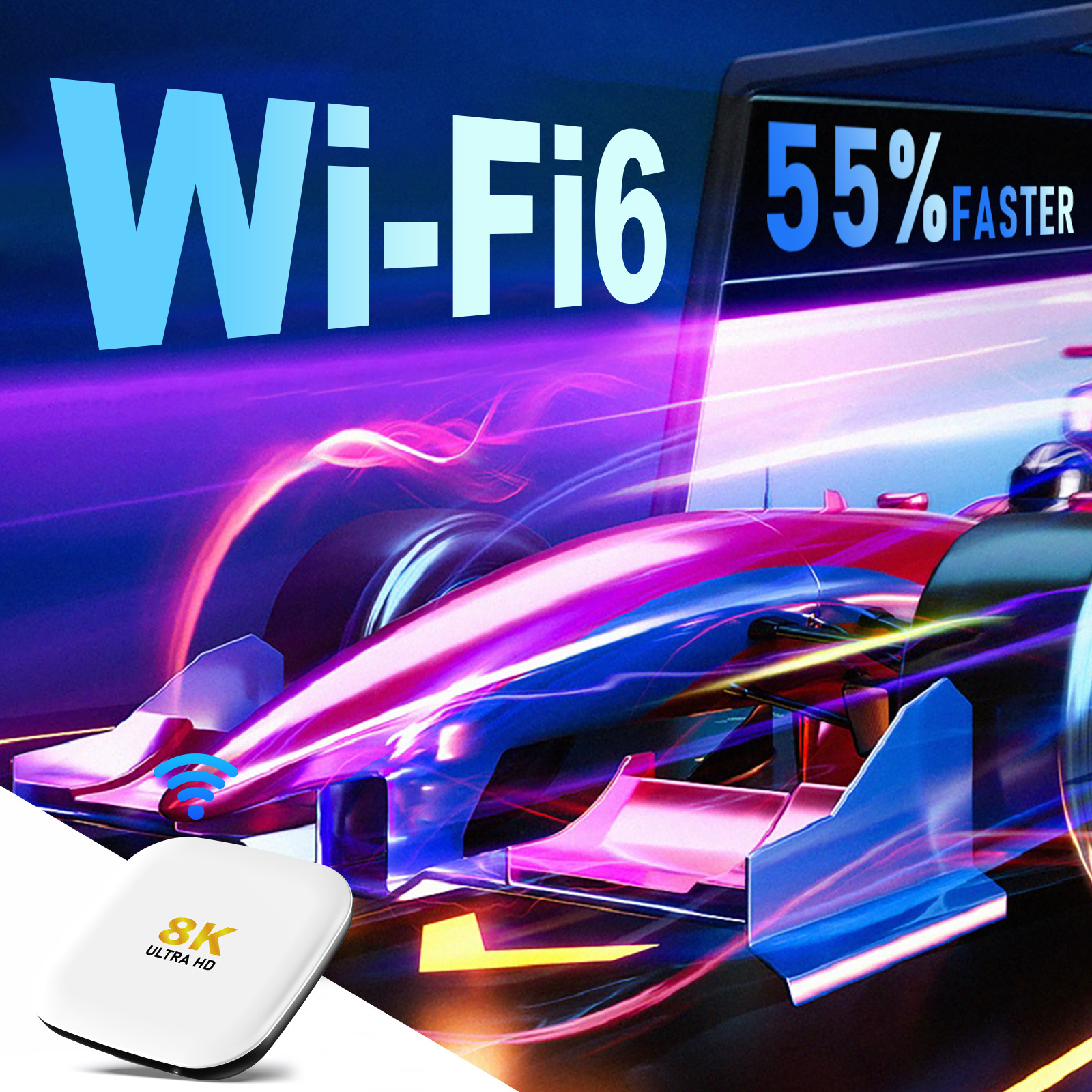 Weißes und schwarzes Gerät mit Wi-Fi 6 und 8K Ultra HD Text. Rennwagen-Grafik. Blauer Hintergrund.