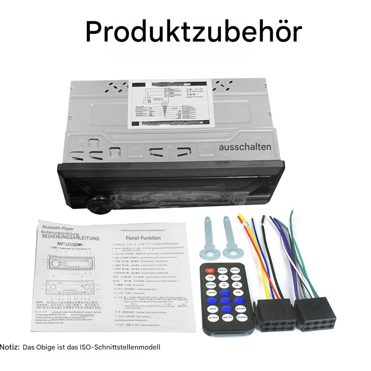 Auto-Stereo-Komponenten: Stereo-Einheit, Kabel, Fernbedienung und Anweisungen. Das Wort 'Produktzubehör' steht oben.