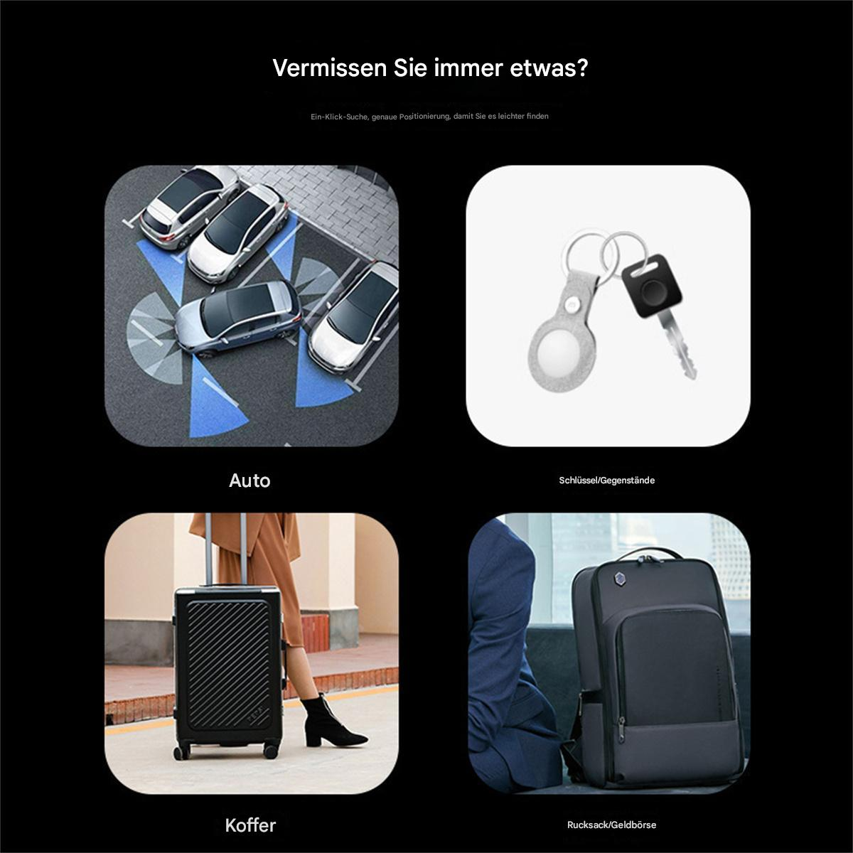 Vier Bilder: Auto, Schlüssel, Koffer und Rucksack. Schwarzer Hintergrund mit Text. Das Thema ist das Finden von Artikeln.