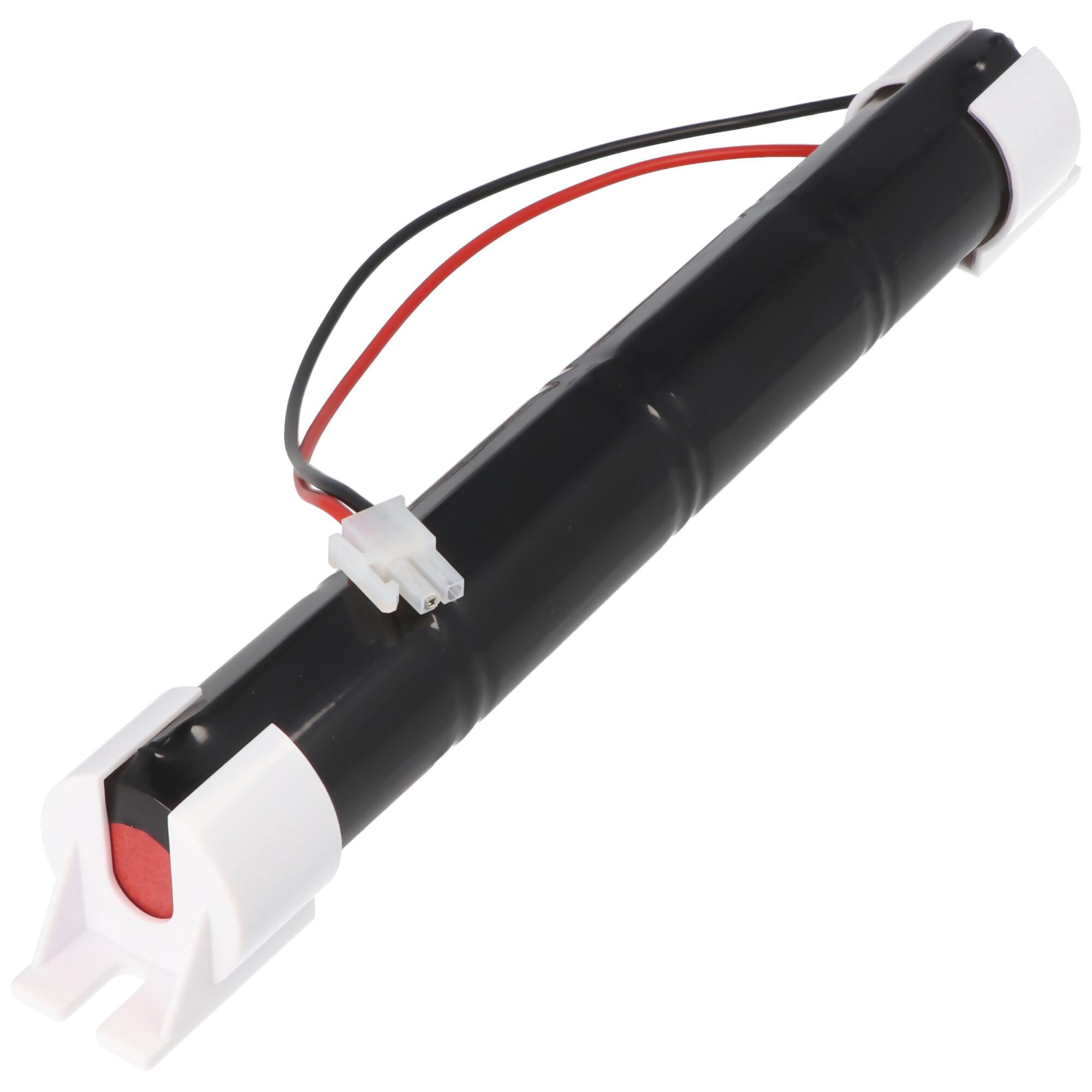 Schwarze zylindrische Batterie mit weißen Endkappen und angeschlossenen Drähten.