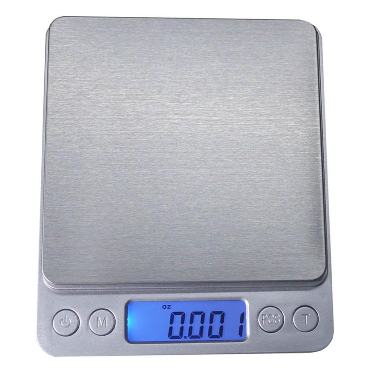 Eine Digitalwaage mit silberner Oberfläche und einer blauen Anzeige mit '0.001'. Knöpfe sind darunter.