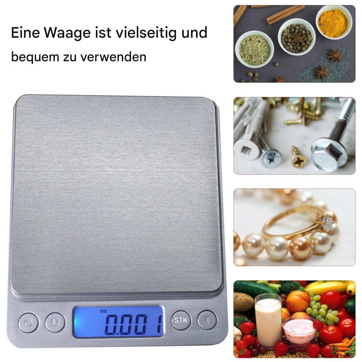Eine Waage mit blauem Display und verschiedenen Gegenständen darum: Gewürze, Schrauben und Schmuck.