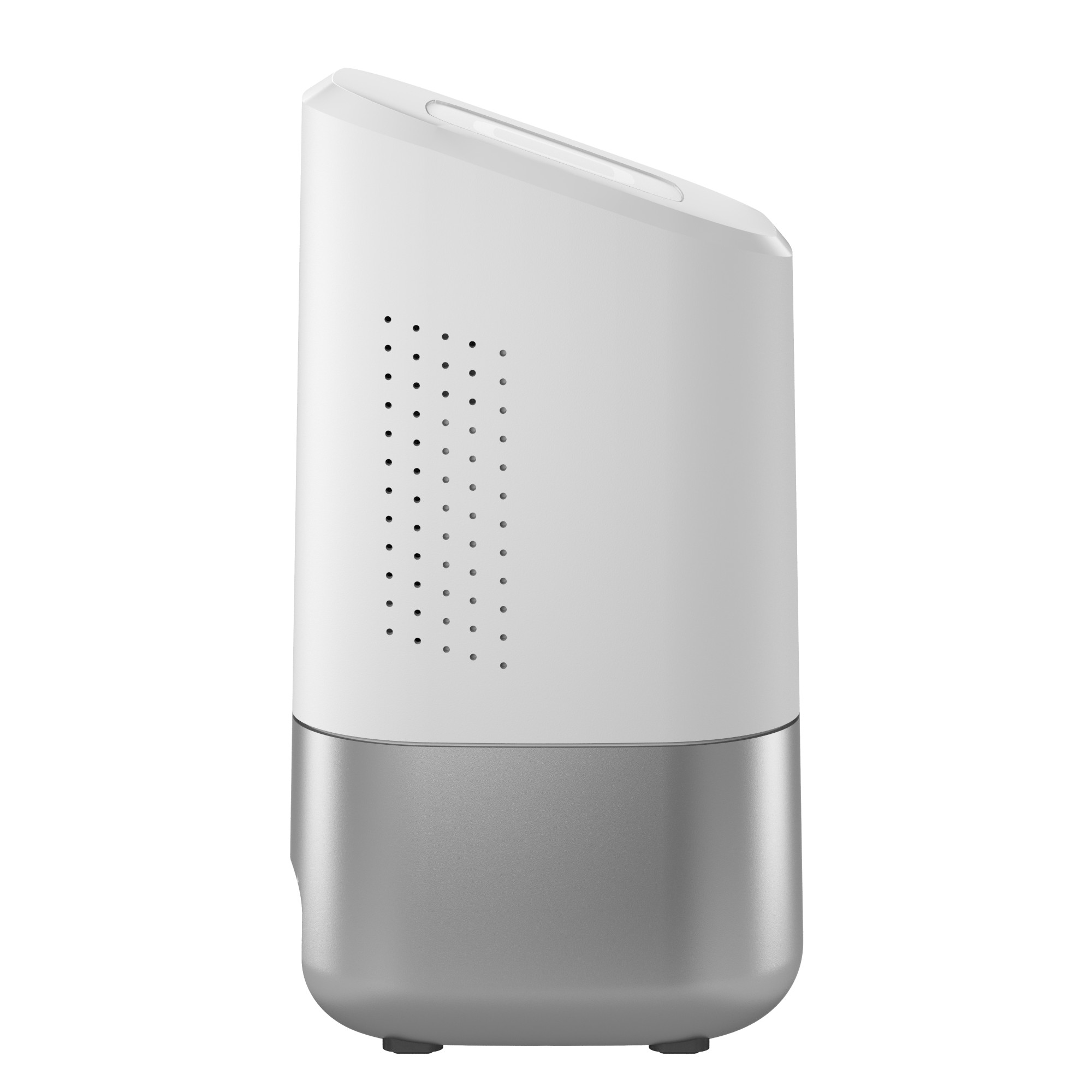 Biały i srebrny oczyszczacz powietrza. Posiada perforowany fragment i srebrną podstawę.