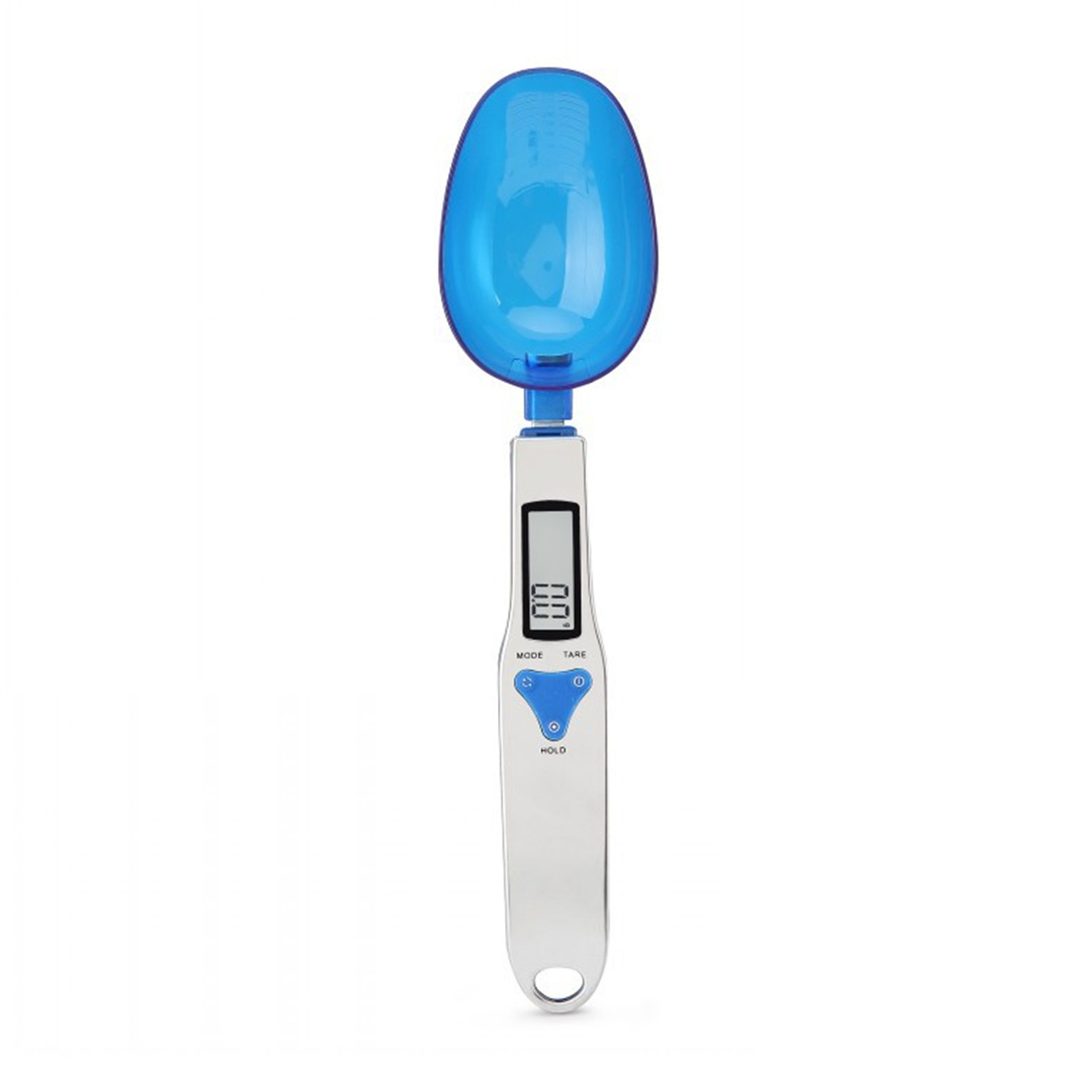Digitale Löffelwaage mit blauem Löffelaufsatz, silbernem Griff und Digitalanzeige.